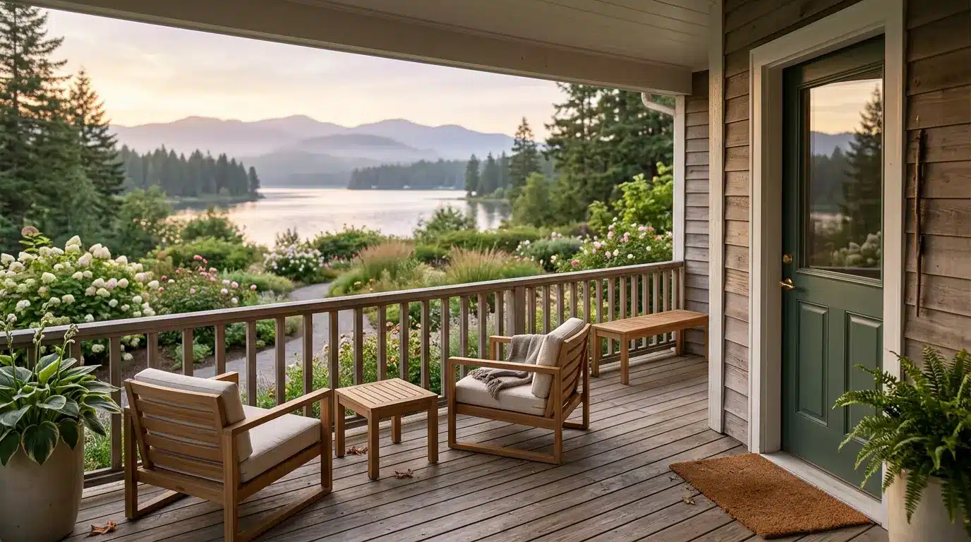low wood chairs on a covered porch overlooking lake mountains and garden