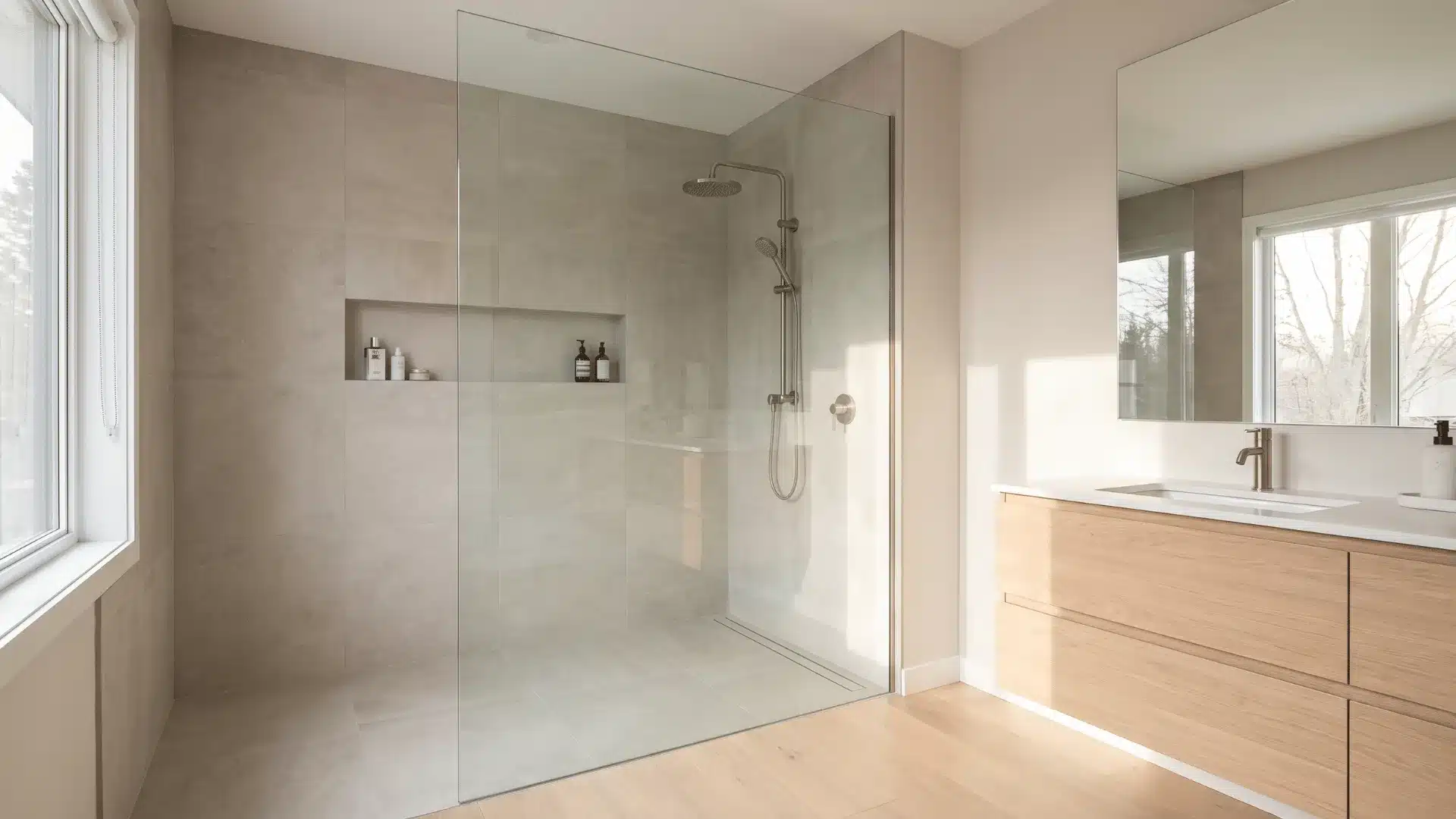 minimal doorless shower with one frameless glass panel and pale oak vanity