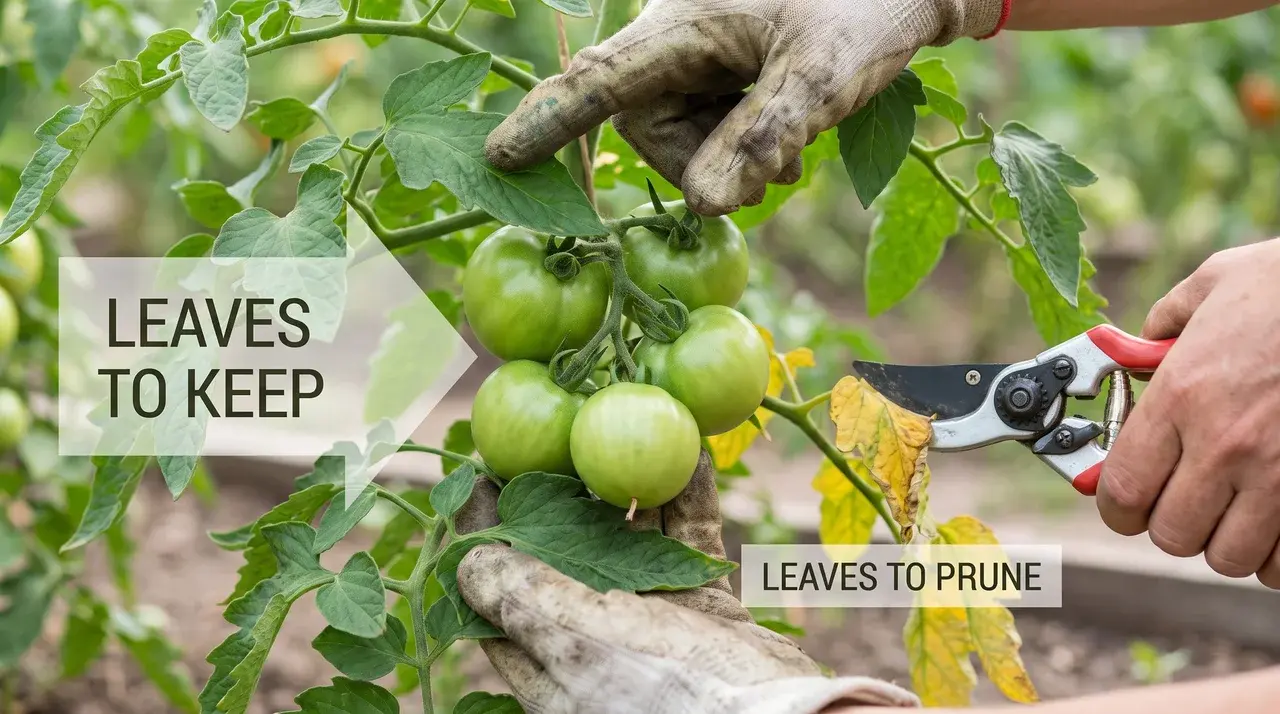 healthy tomato plant leaves left in place on purpose to keep feeding and shading the ripening fruit