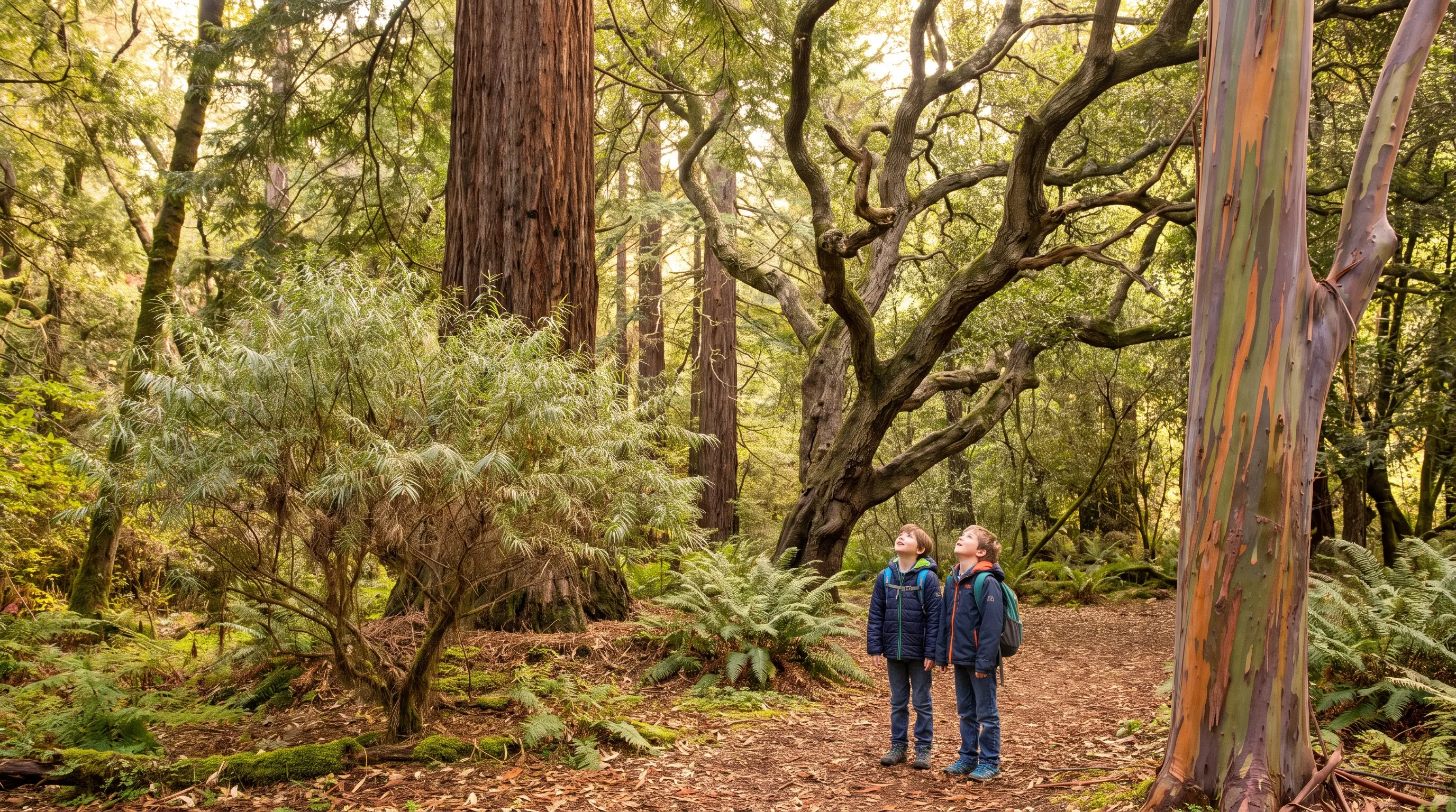 two children with backpacks looking up at towering trees and colorful bark in a lush green forest