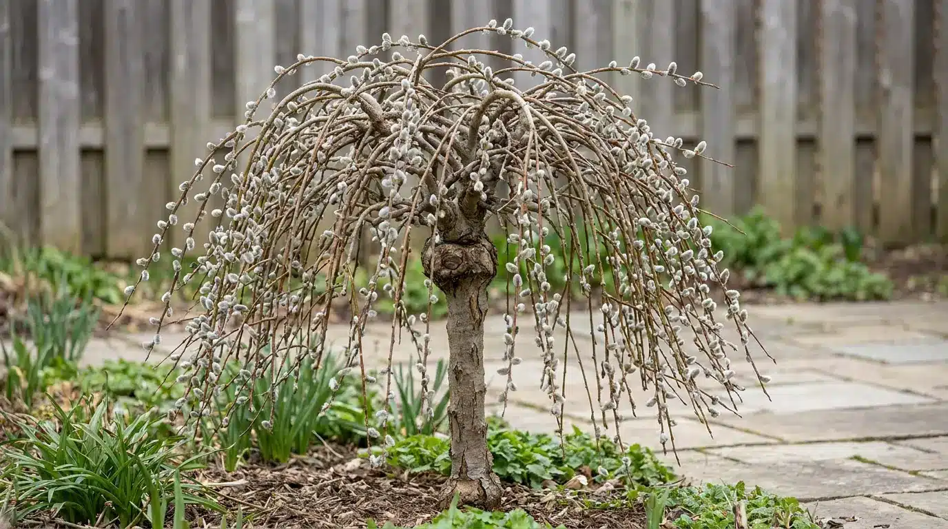 kilmarnock dwarf weeping willow with a grafted trunk and dome of hanging catkin covered branches