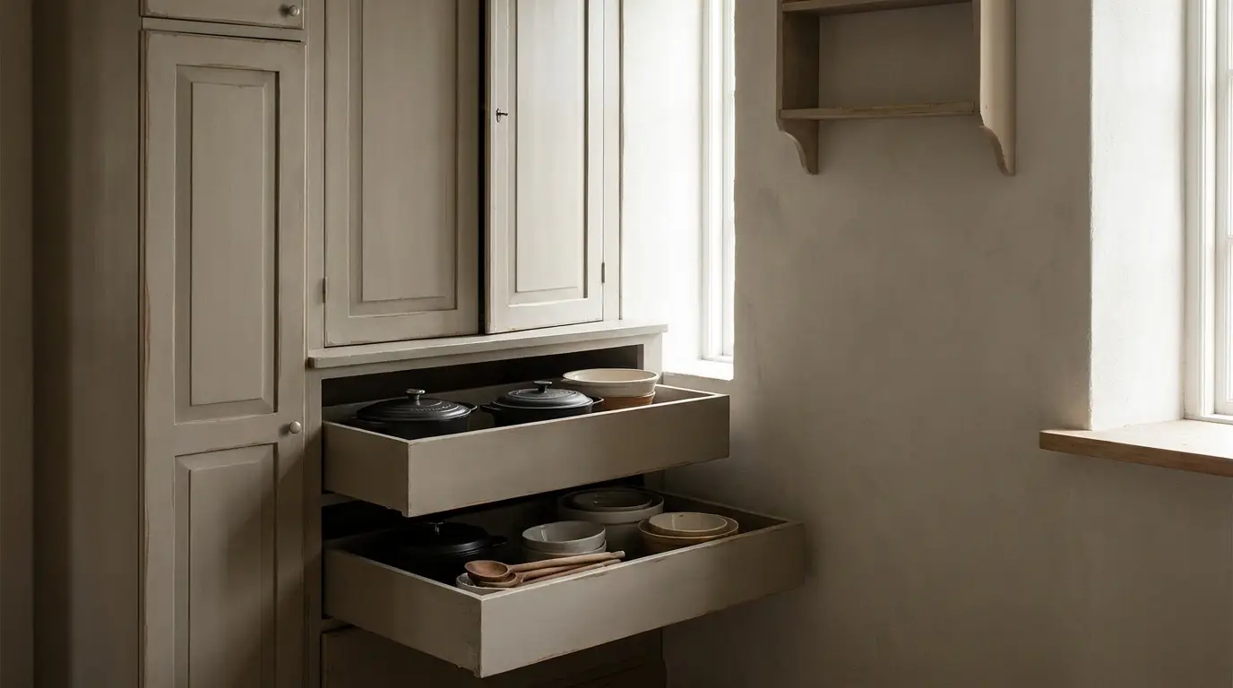 Open kitchen drawers with crockery and wooden utensils in neutral-toned room with soft lighting