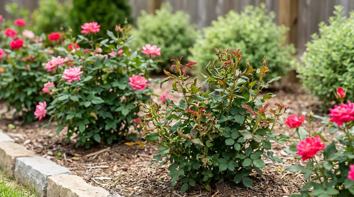 knock out roses in landscape bed with one showing distorted red growth