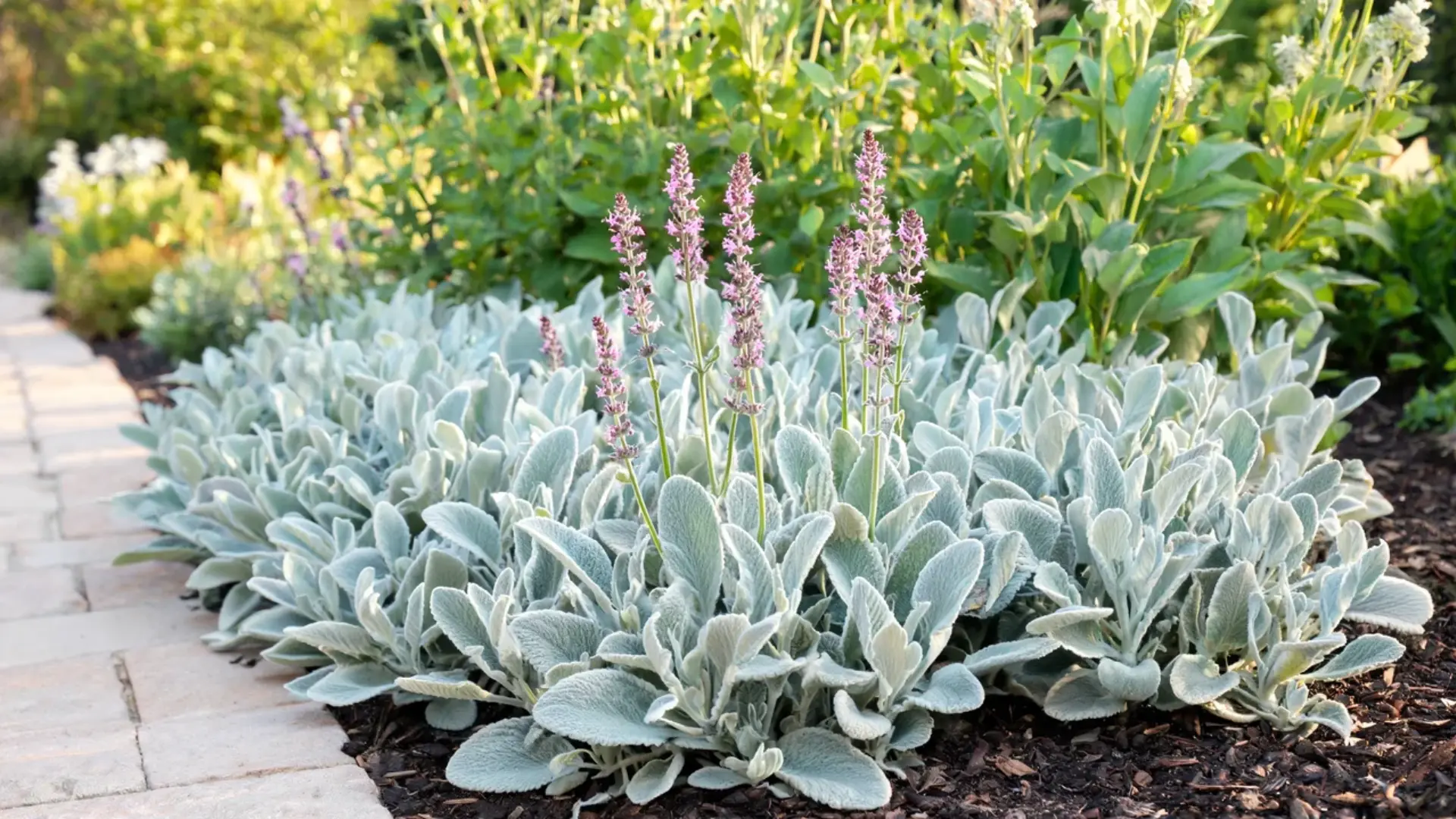 lamb ear plant with soft velvety silver gray leaves forming a low spreading mound in the border
