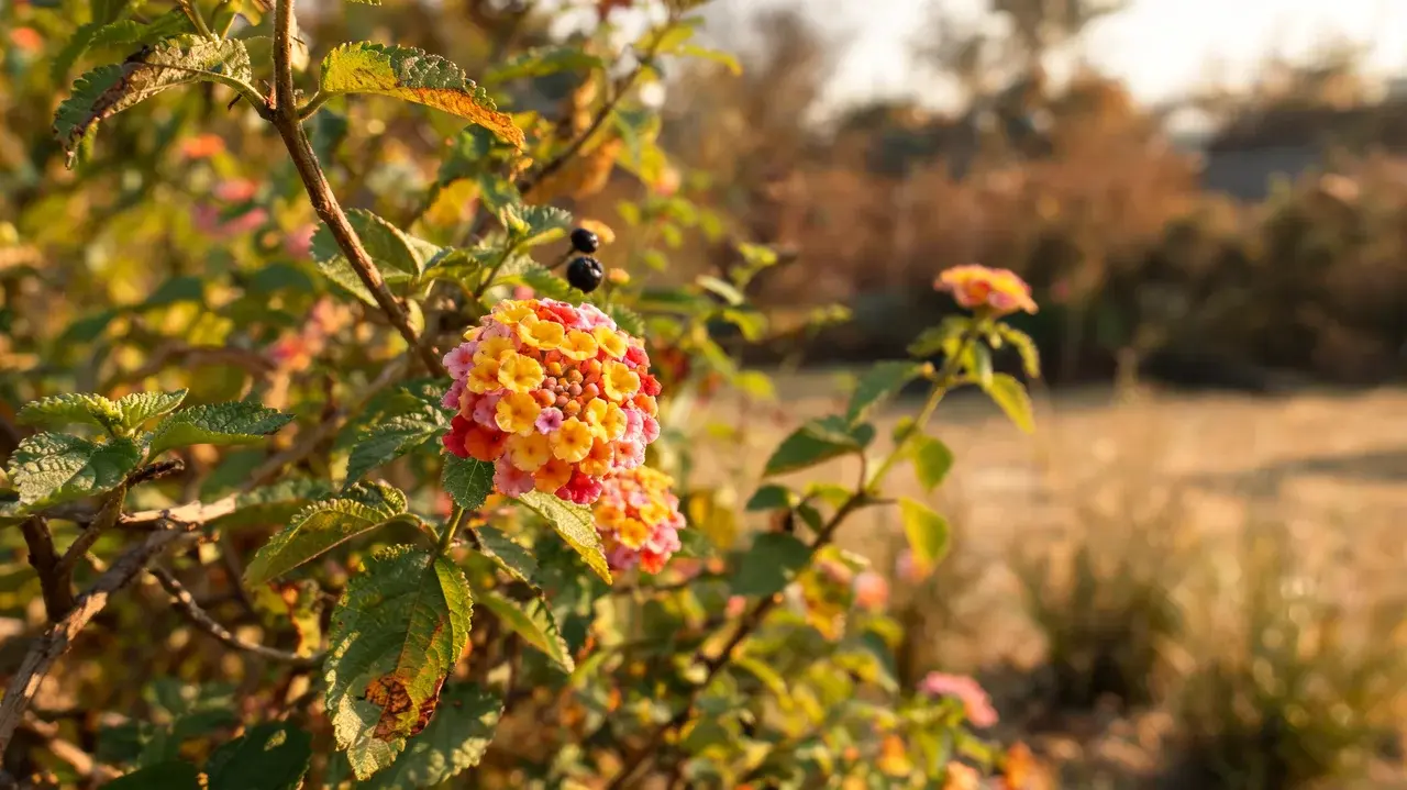 lantana shrub with small multicolored flower clusters and textured green leaves growing in warm garden light