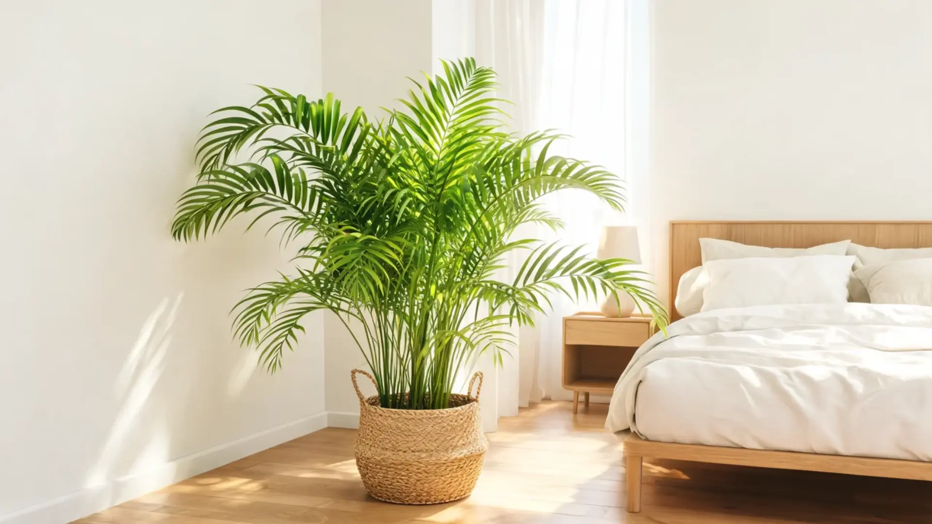 large areca palm in a woven basket beside a wooden bed in a bright sunlit calm neutral bedroom
