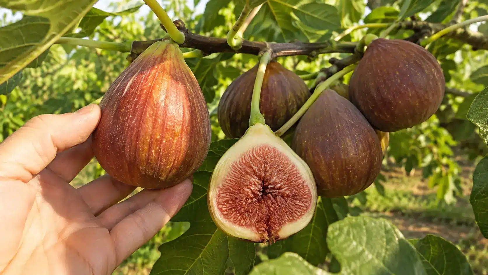 large brown turkey figs with reddish brown skin and soft pink flesh shown beside a hand for scale