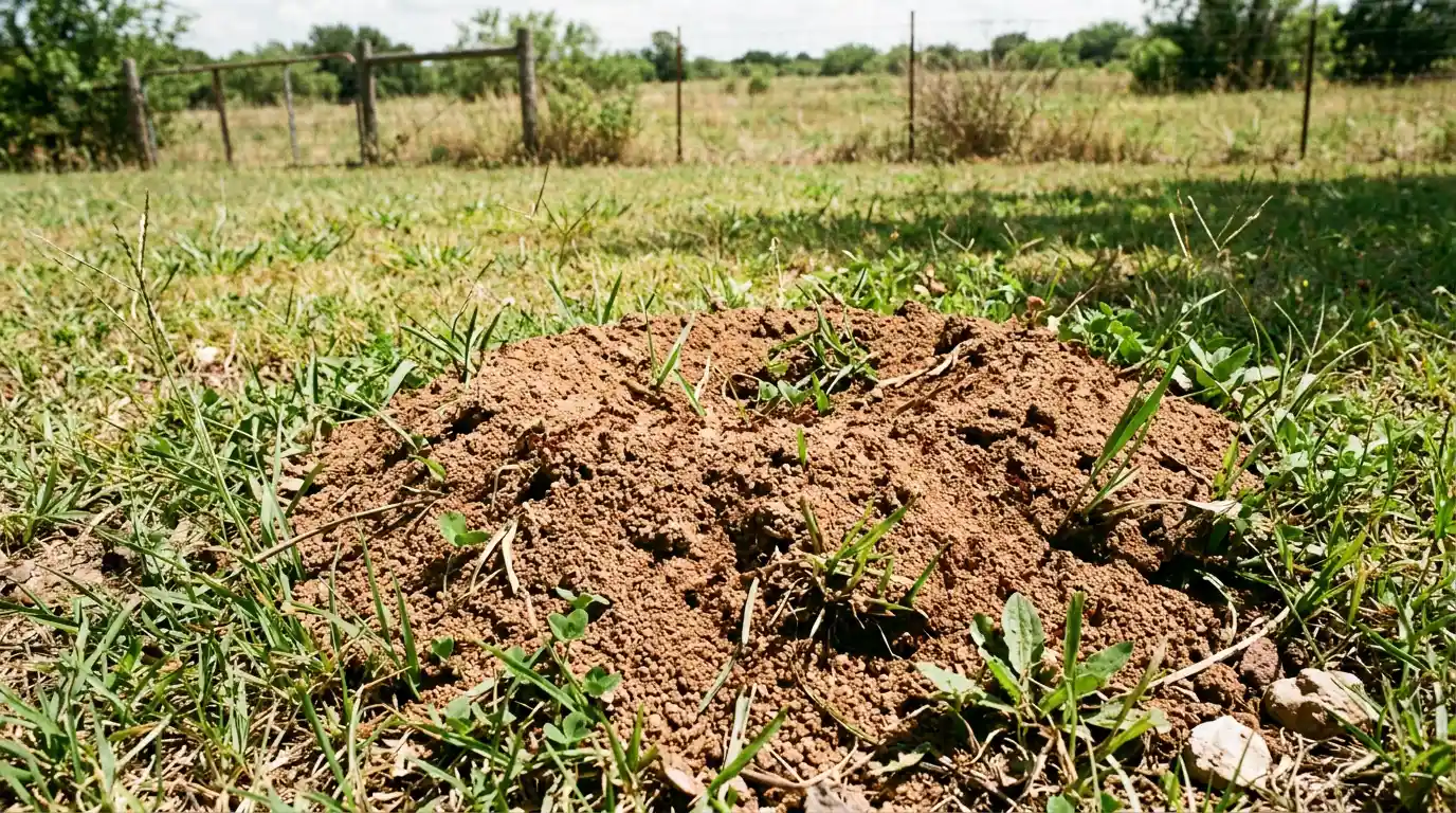 large fire ant mound rising from a grassy field with several openings and scattered plants around it