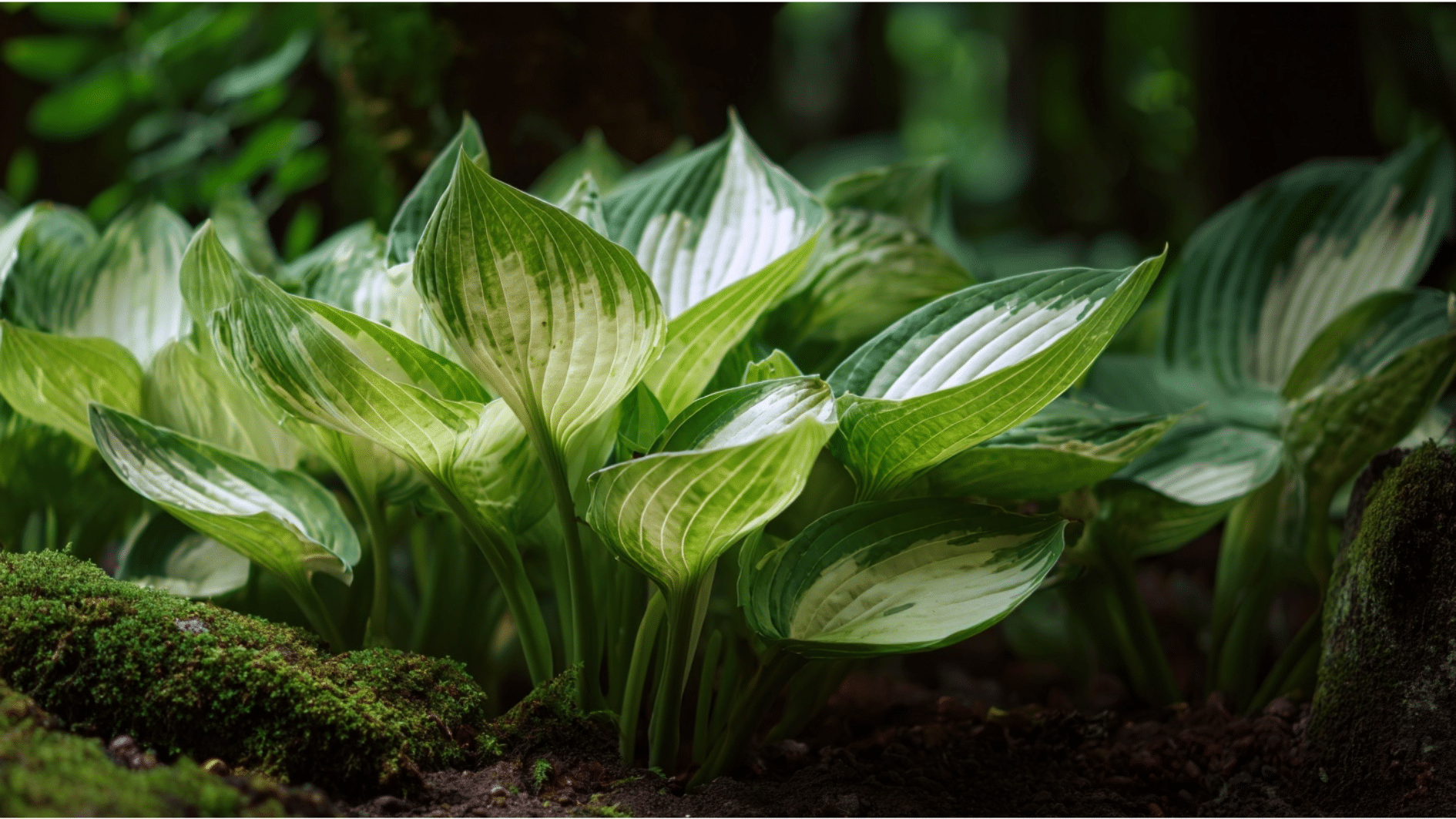 large lush hosta plant with broad variegated green and white leaves growing in a shaded garden bed