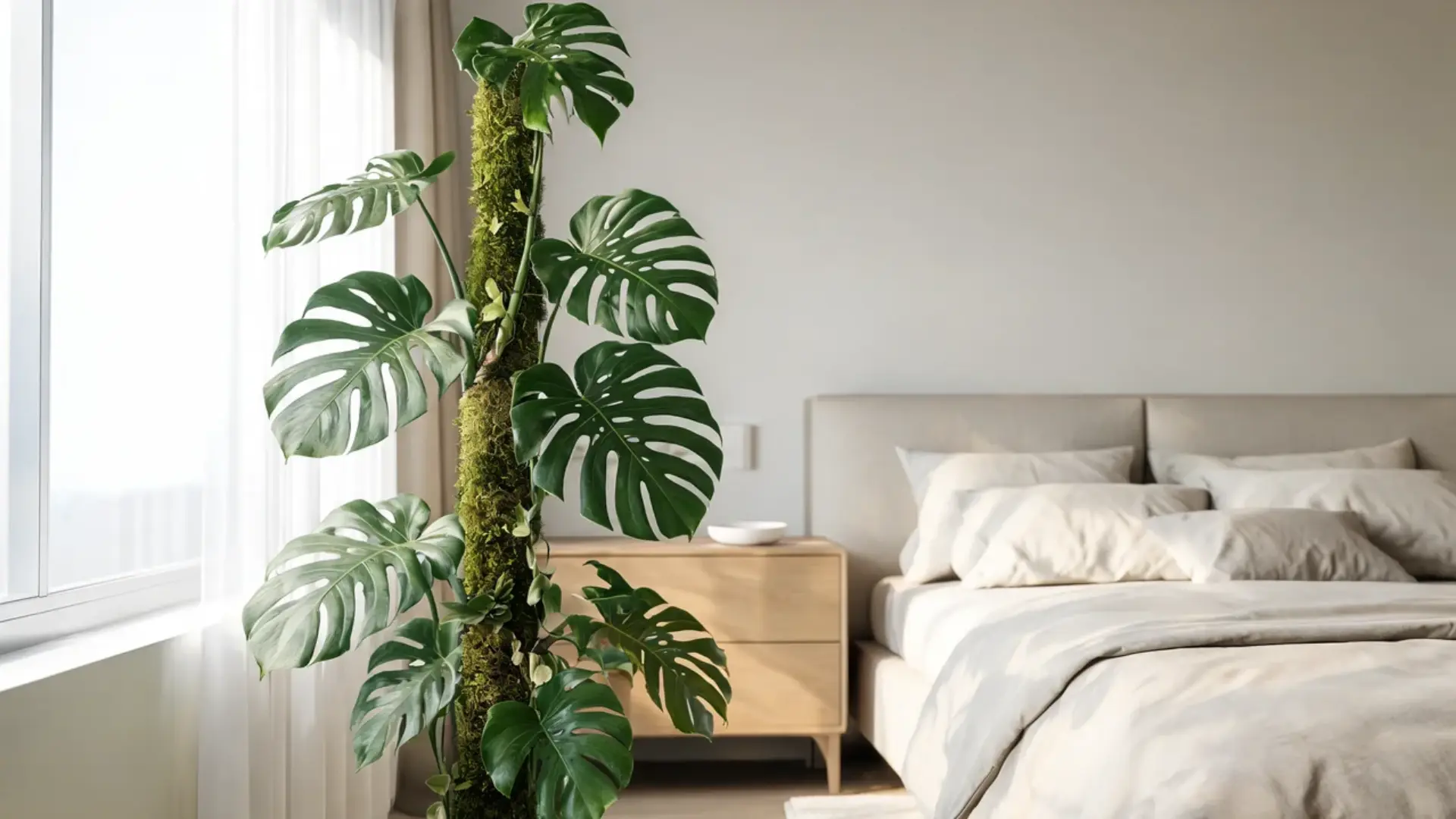 large monstera with split green leaves climbing a moss pole beside a neatly made bed in a bright bedroom
