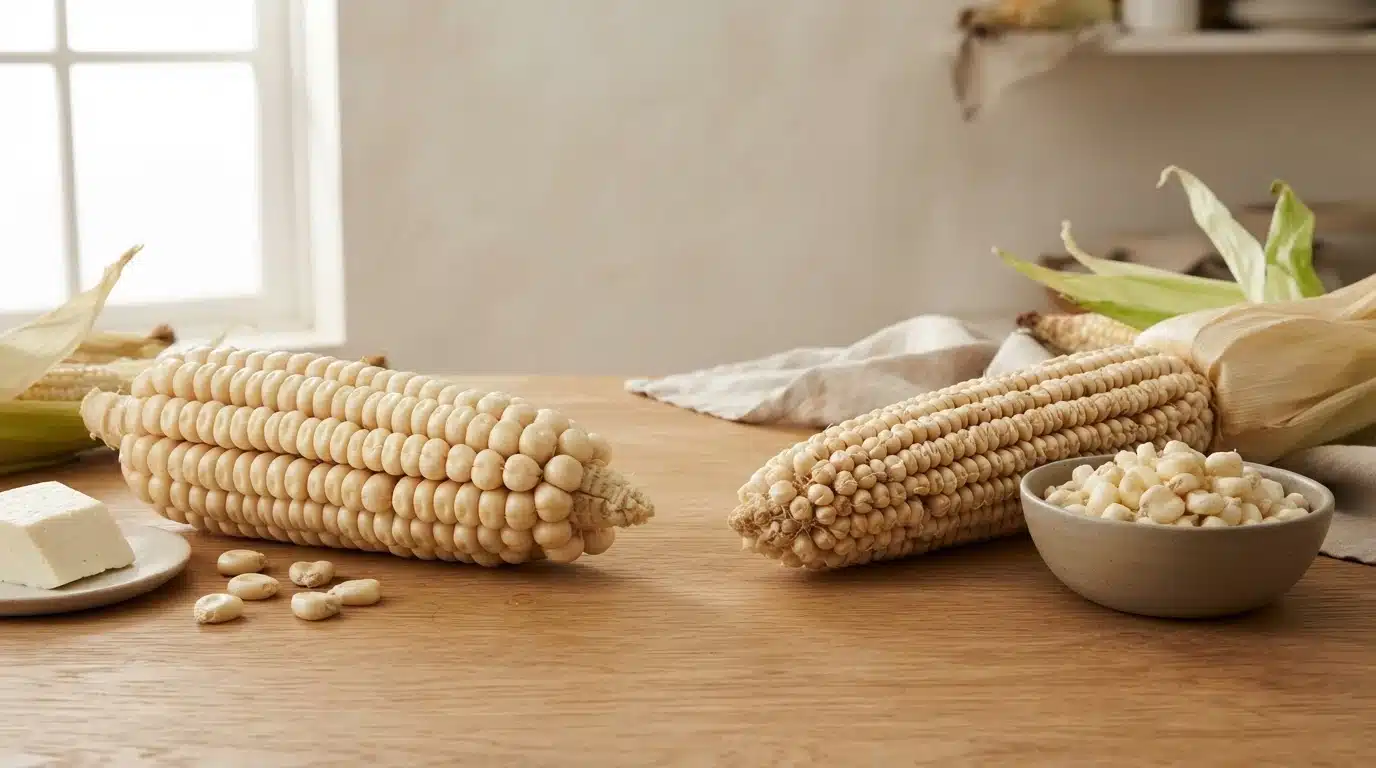 large pale choclo and cacahuazintle corn ears with loose kernels and a small bowl on a wooden table