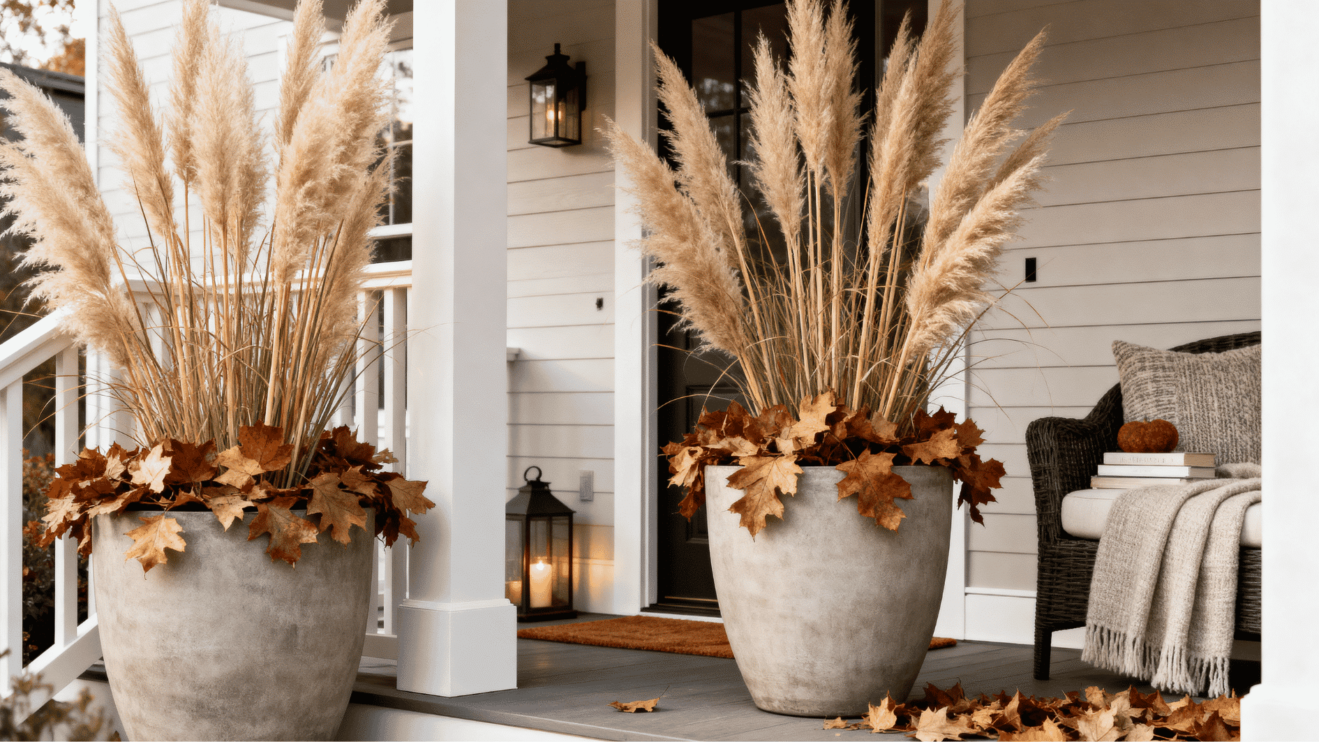 large pampas grass porch planters with dried leaves and neutral fall decor in a modern outdoor setting.