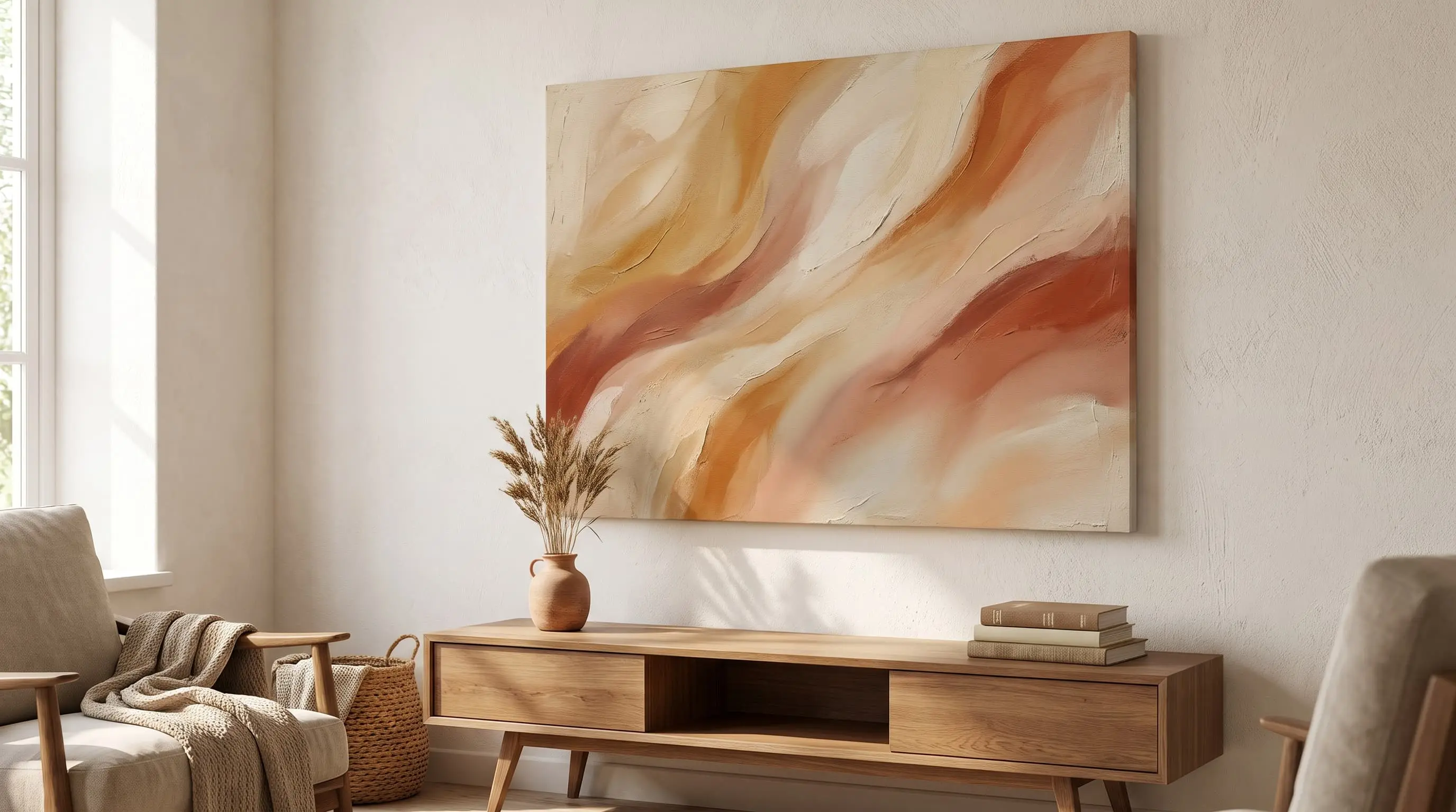 an oversized abstract canvas made from a wood frame and stretched drop cloth painted with swirls