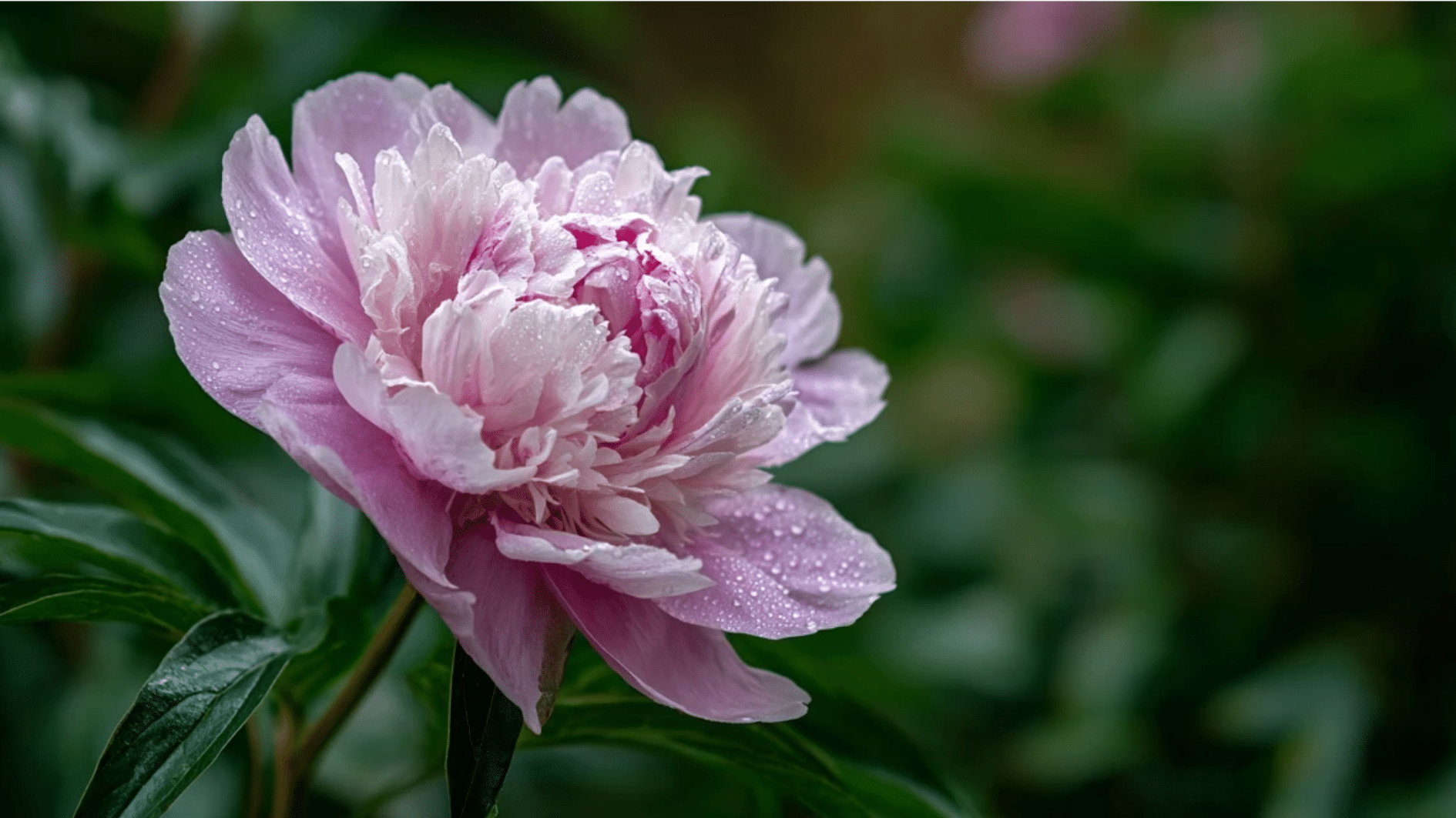 large soft pink peony blooms fully open on an established garden plant with dewy petals