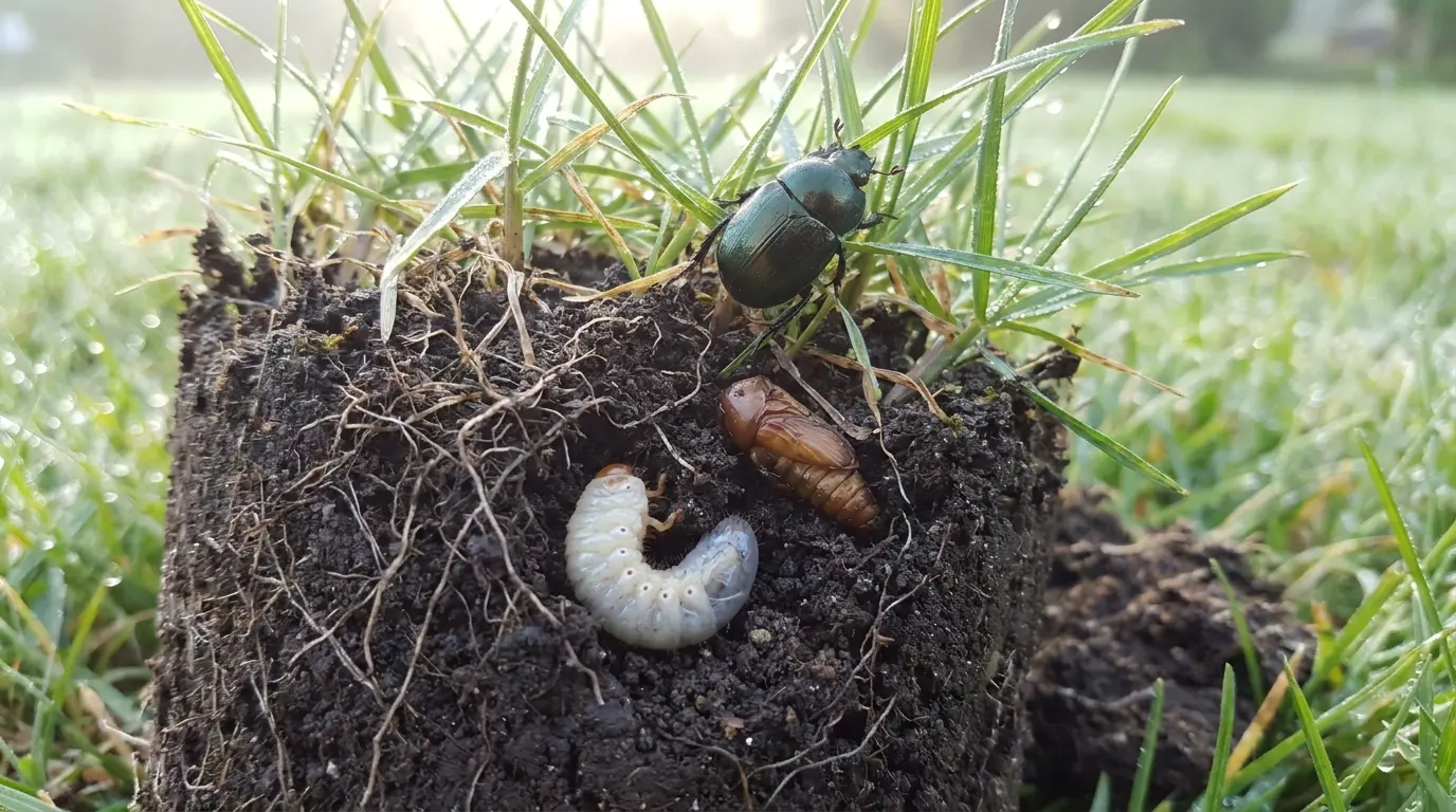 a lawn soil cutaway shows a white grub, brown pupa, and adult beetle among moist grass roots