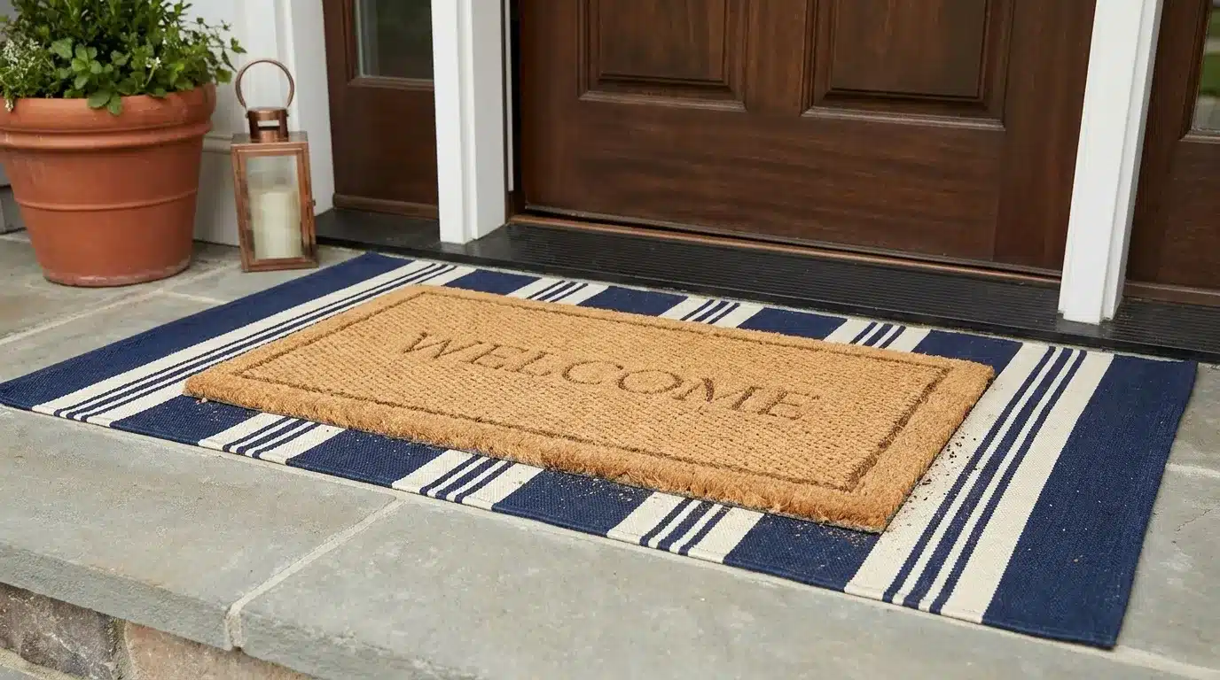 blue striped outdoor rug beneath a coir welcome mat at a wooden front door