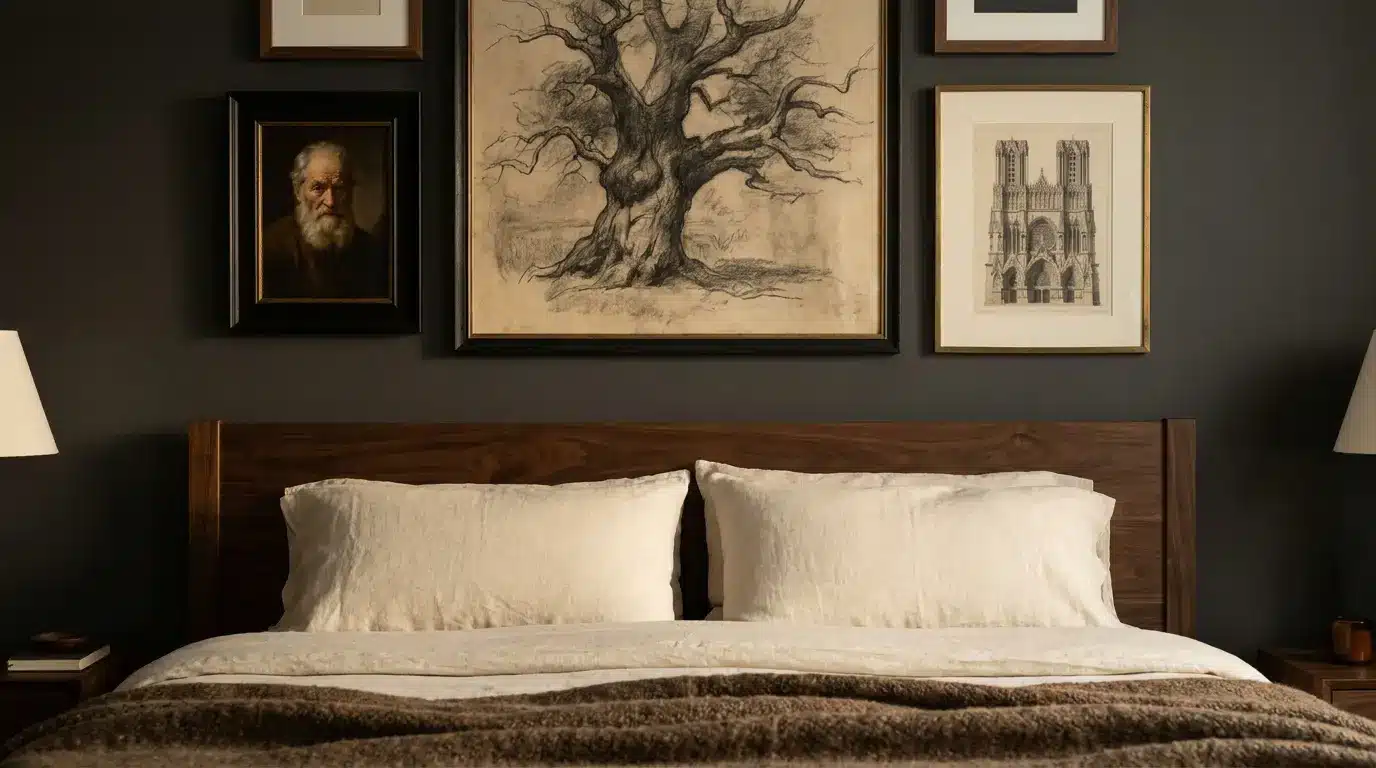 layered art above dark wood headboard with charcoal wall cream bedding and warm light