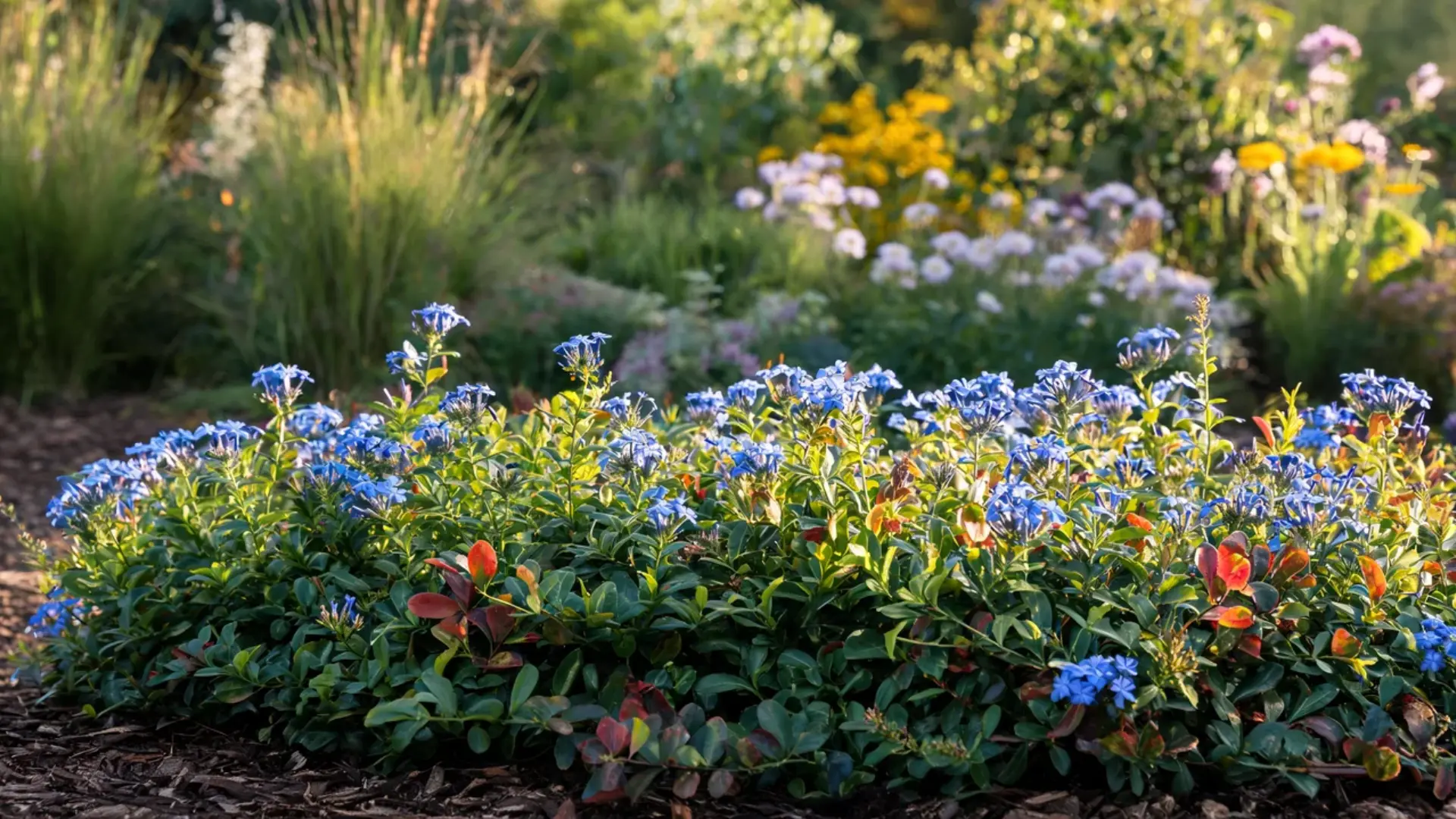 leadwort ground cover with small bright blue flowers spreading low along a sunny garden edge