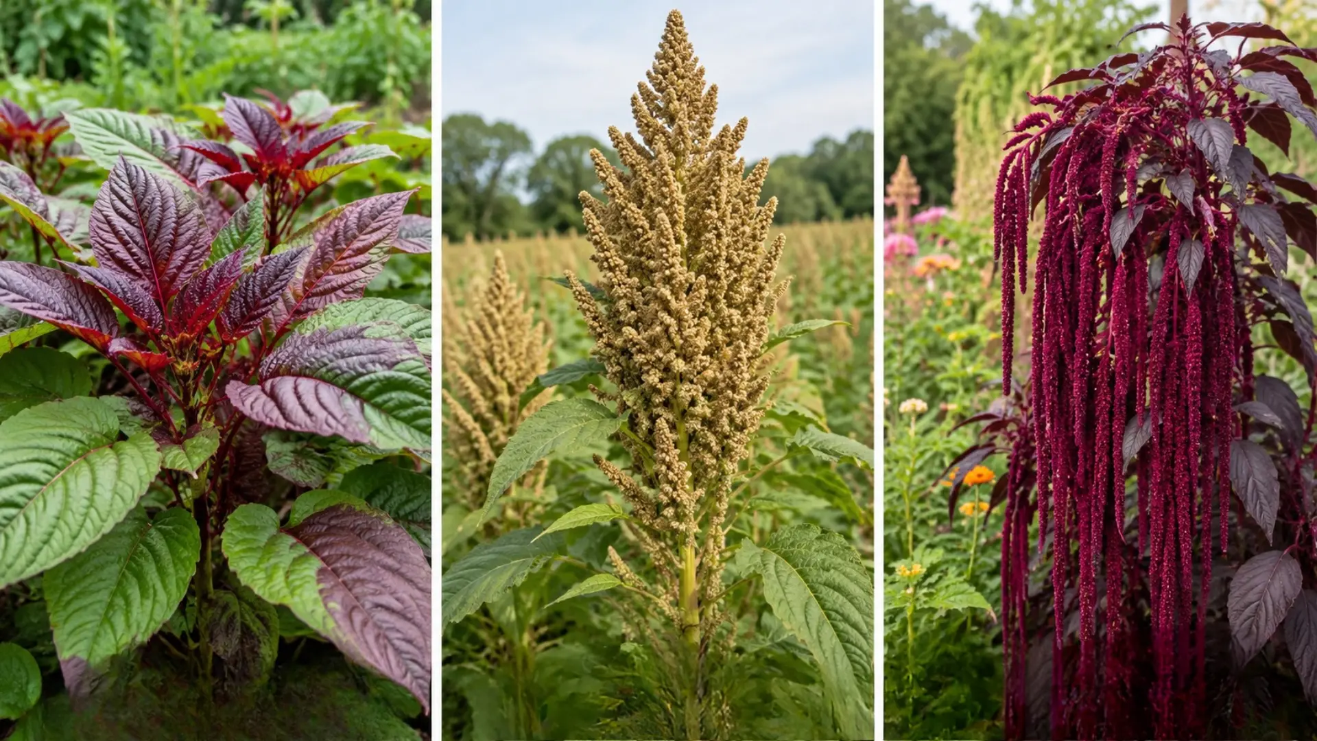 leaf grain and ornamental amaranth varieties displayed side by side with colorful foliage and seed heads