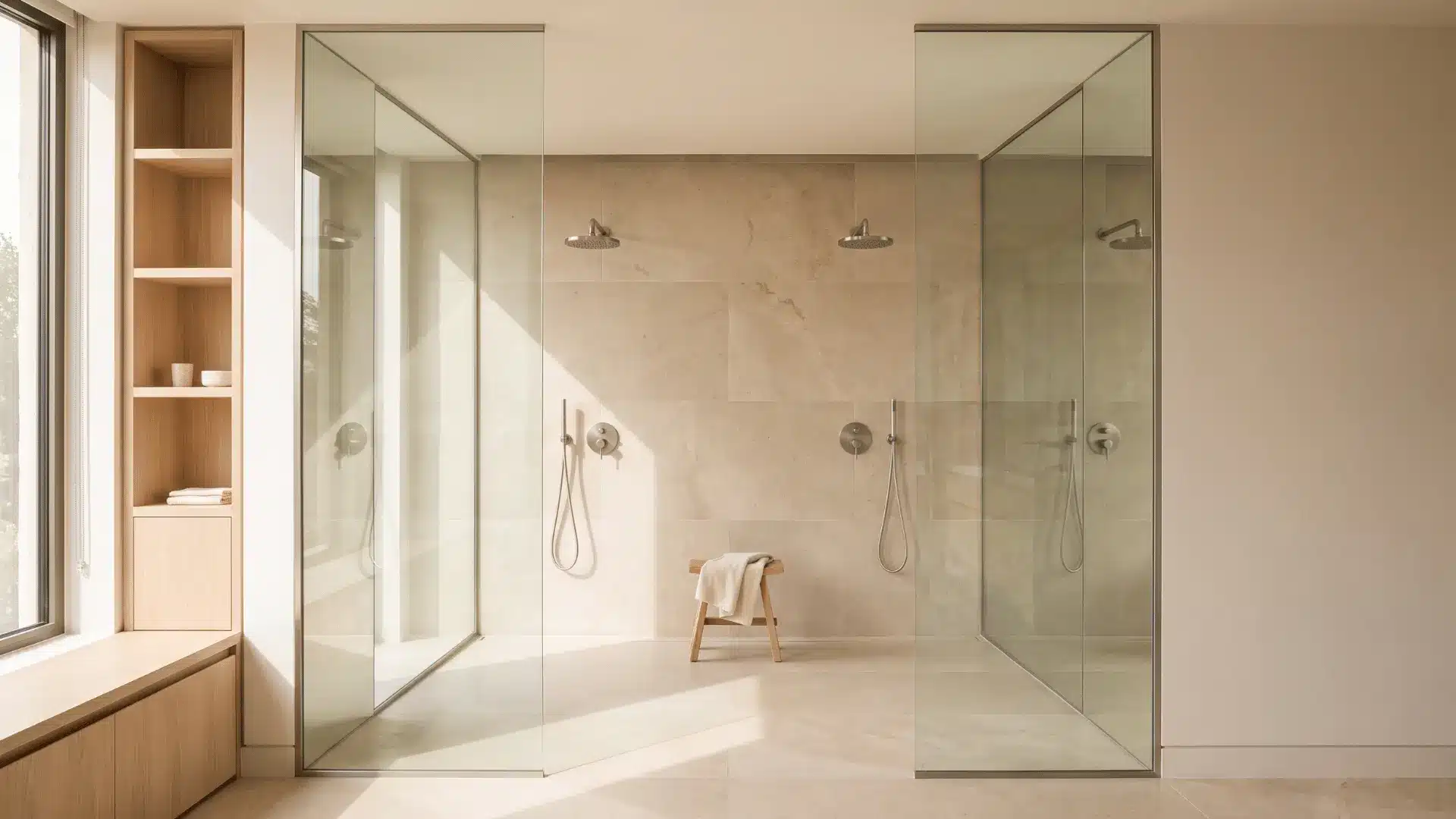 doorless shower with center entry between two clear glass panels