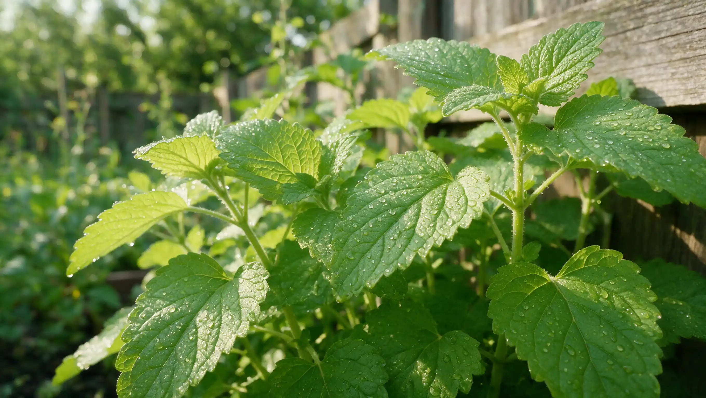 lemon balm plant with bright green heart shaped leaves growing near a wooden garden fence in daylight