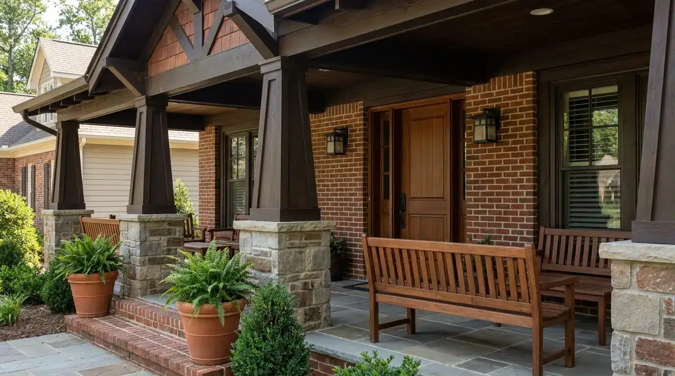 match porch decor to craftsman brick stone timber columns wood benches and ferns