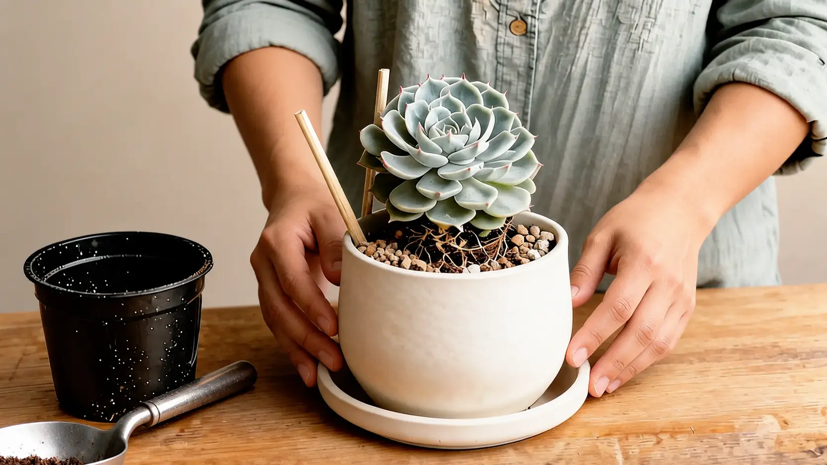 hands place a newly potted echeveria on its saucer to rest before watering, with the nursery pot and tools nearby