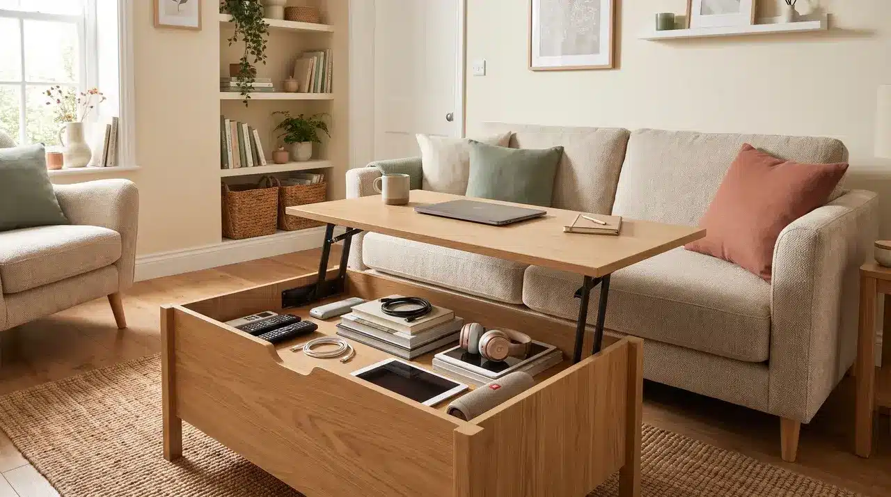 a lift top storage coffee table with the top raised to reveal a hidden compartment underneath