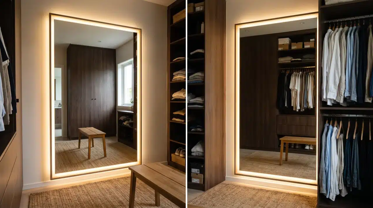two full length lighted mirrors inside a walk in closet dressing area