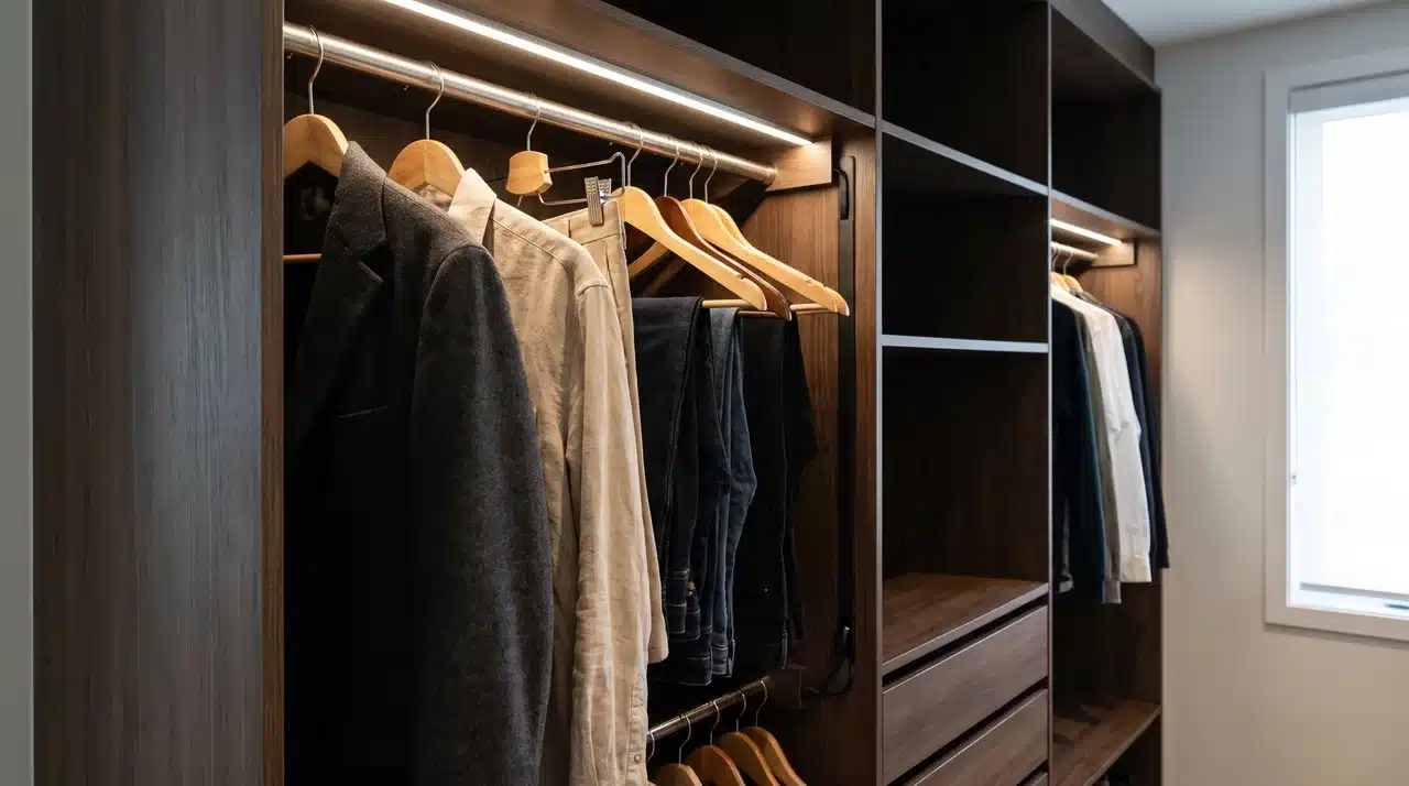 walk in wardrobe with lighted closet rods illuminating hanging clothes