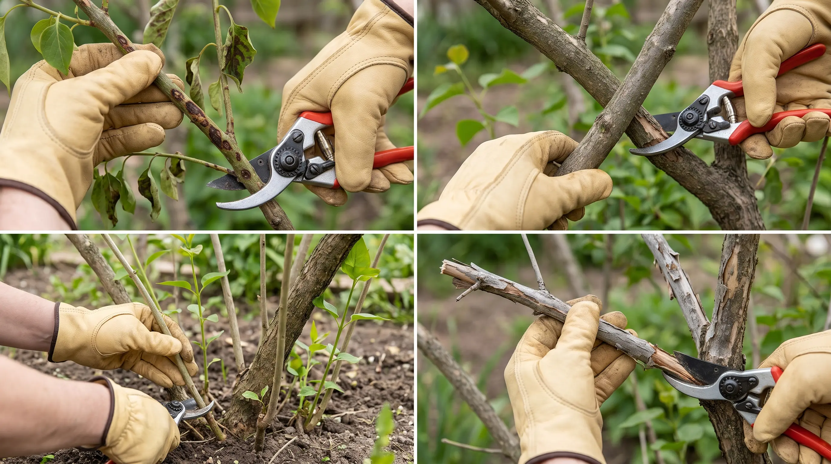 four close views show gloved hands pruning damaged stems old branches and young shoots on a lilac bush