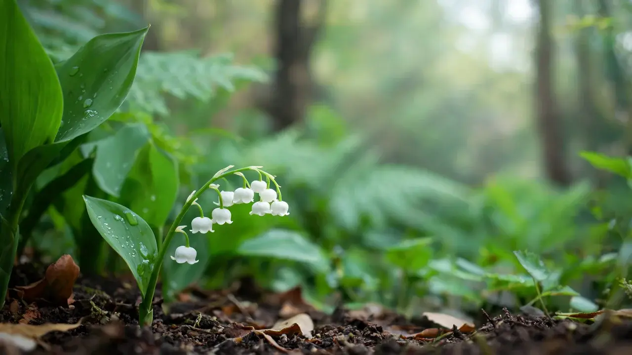 lily of the valley with small white bell-shaped flowers and broad green leaves in a shaded woodland garden