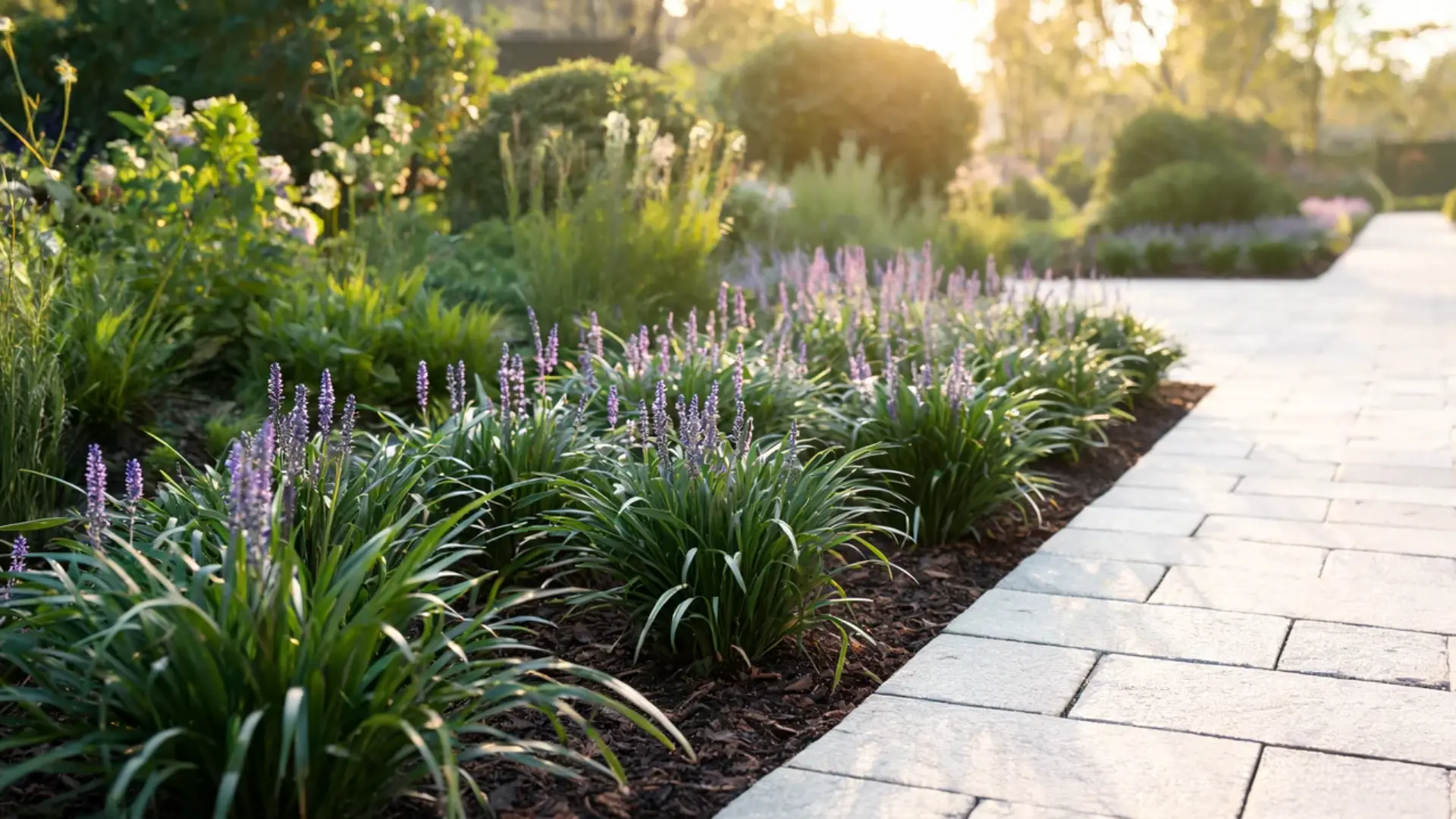liriope forming tidy clumps of glossy grass like foliage with upright purple flower spikes
