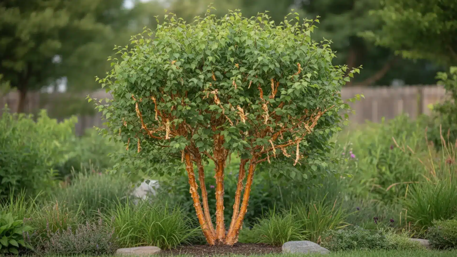 compact little king river birch forms a rounded multi-stem shrub with peeling orange-brown bark