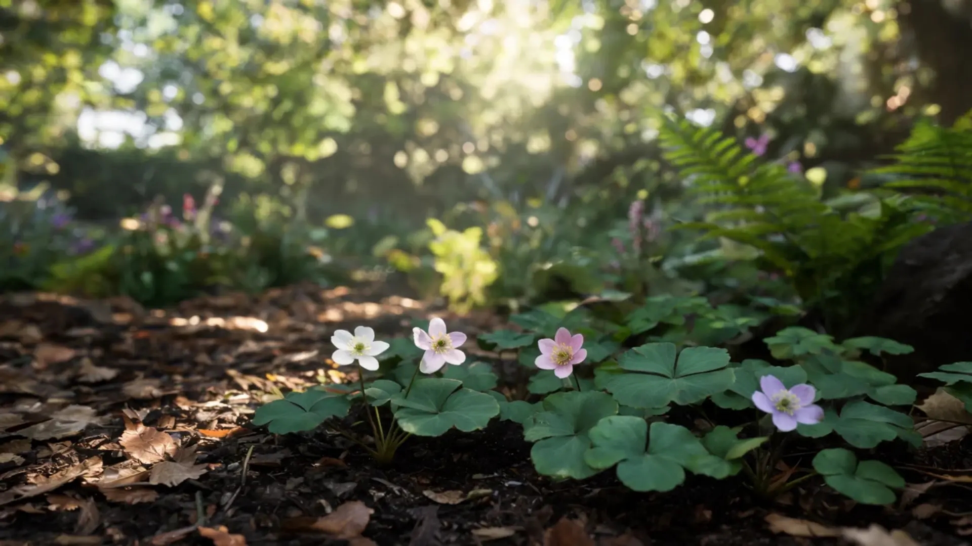 liverleaf wildflower with small pale purple blooms rising above rounded lobed woodland leaves