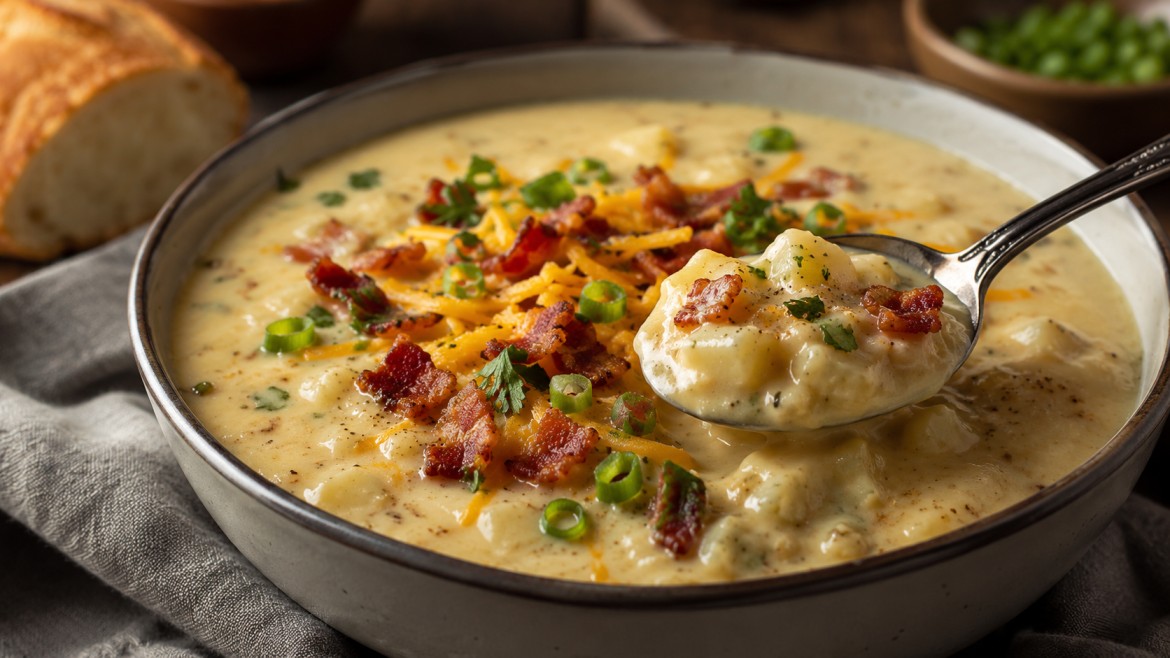 winter vegetables loaded creamy potato soup with bacon cheese herbs green onion and spoon ready to serve