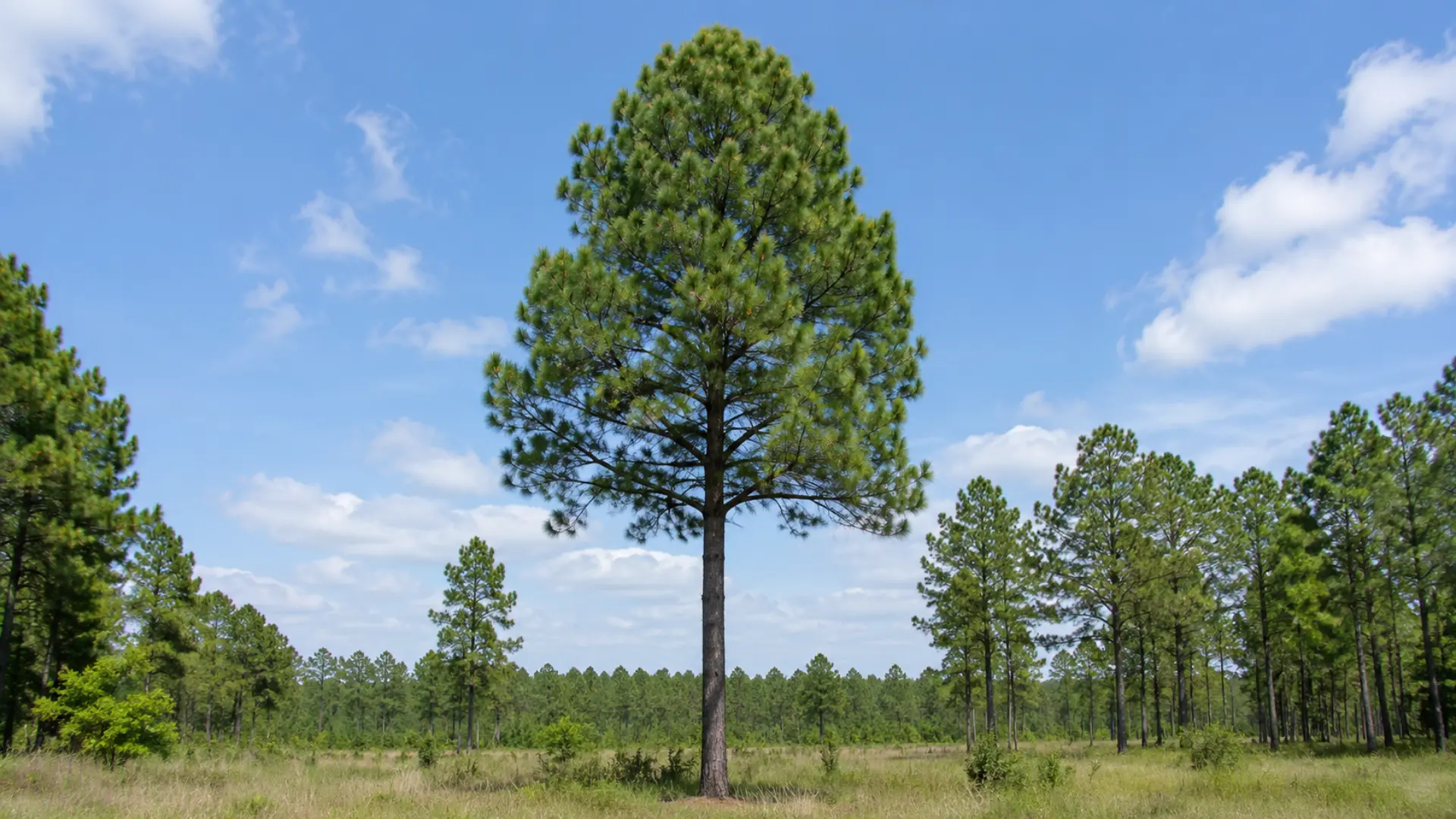 loblolly pine with short twisted needles and an irregular crown growing on dry rocky woodland slopes