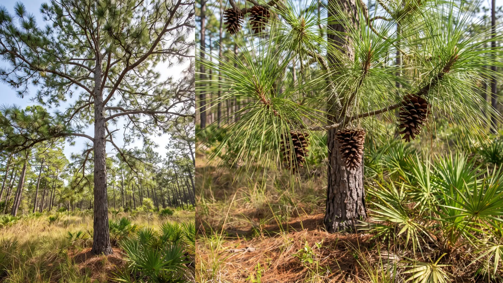 longleaf pine with long bright green needles thick bark and an open crown in southern forests