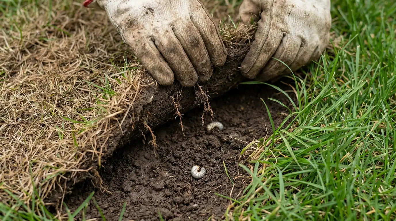 gloved hands lift loose turf, revealing two white lawn grubs in the dark, exposed soil below