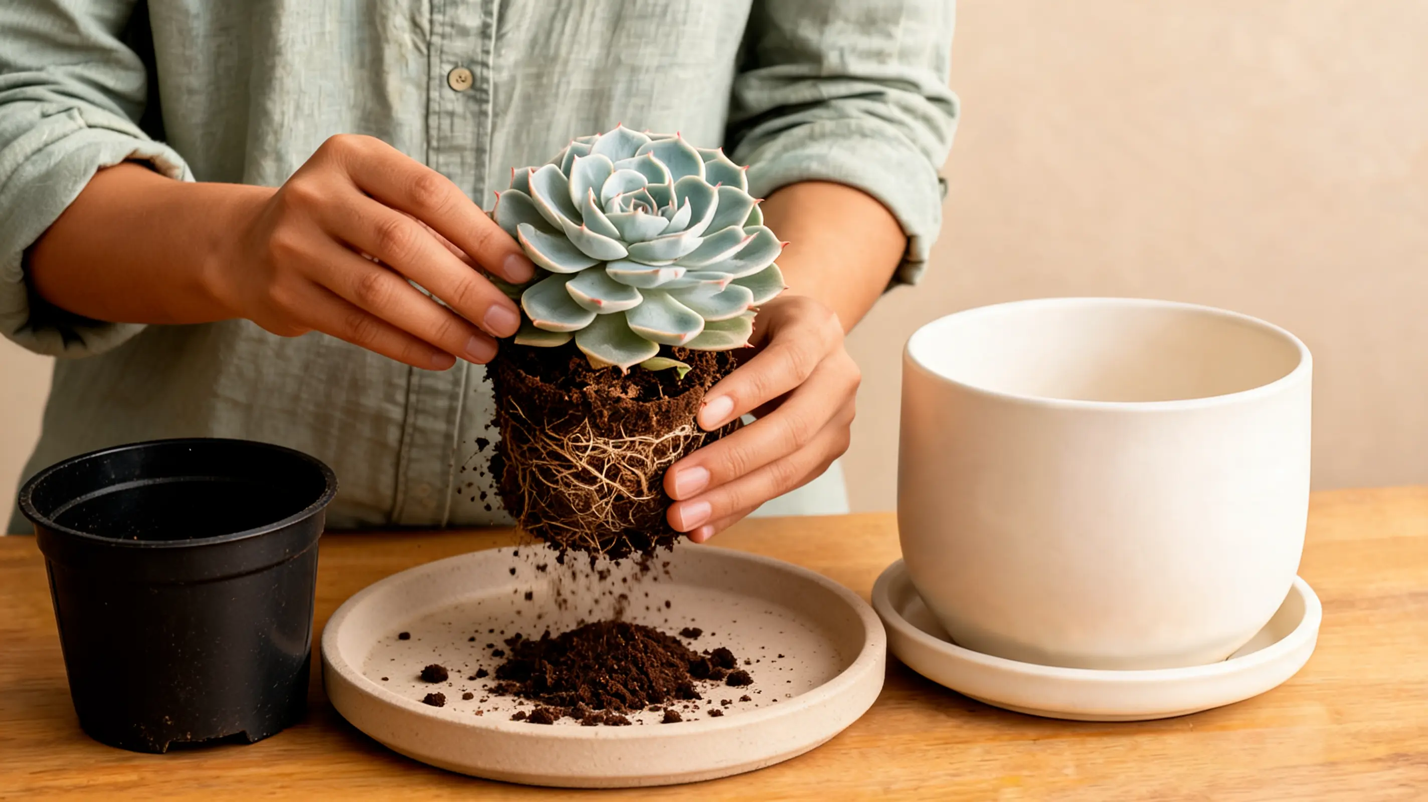 a person carefully loosens compact nursery soil from the exposed roots of an echeveria over a shallow tray