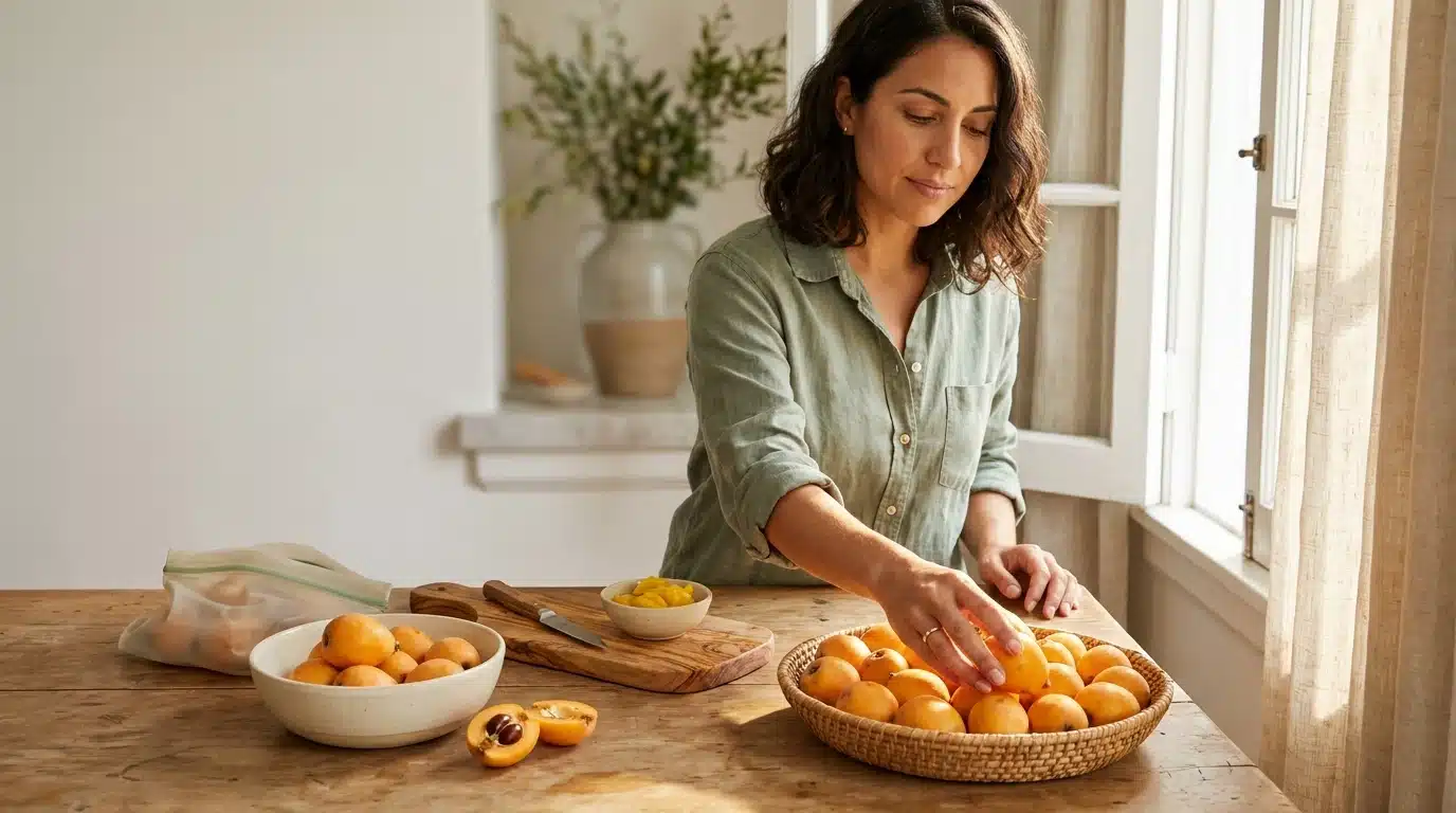 woman sorts fresh loquats in a sunlit kitchen beside cut fruit on a cutting board and a storage bag