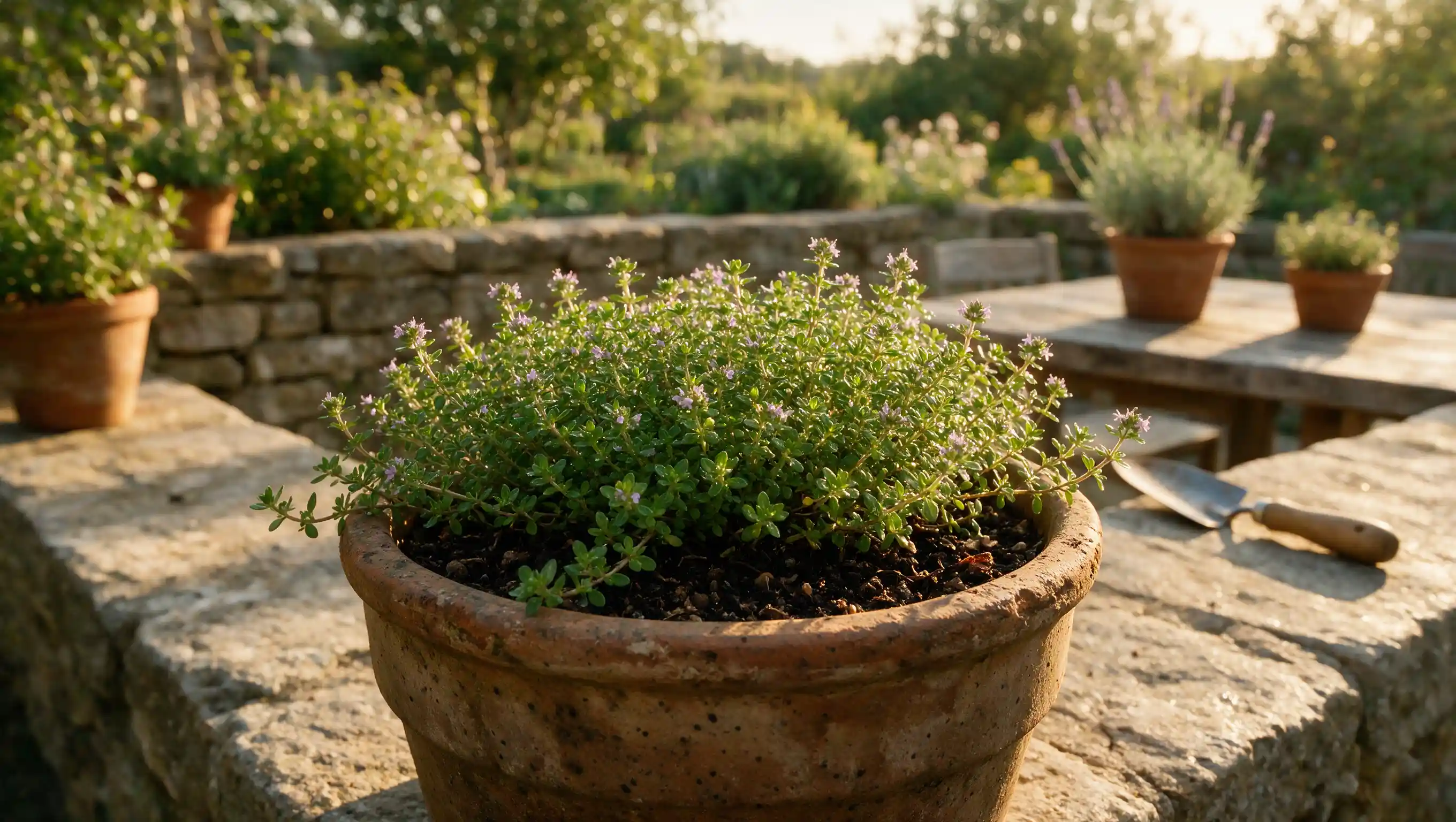 low growing cushion shaped thyme plant with tiny green leaves in a weathered clay pot on a sunny ledge