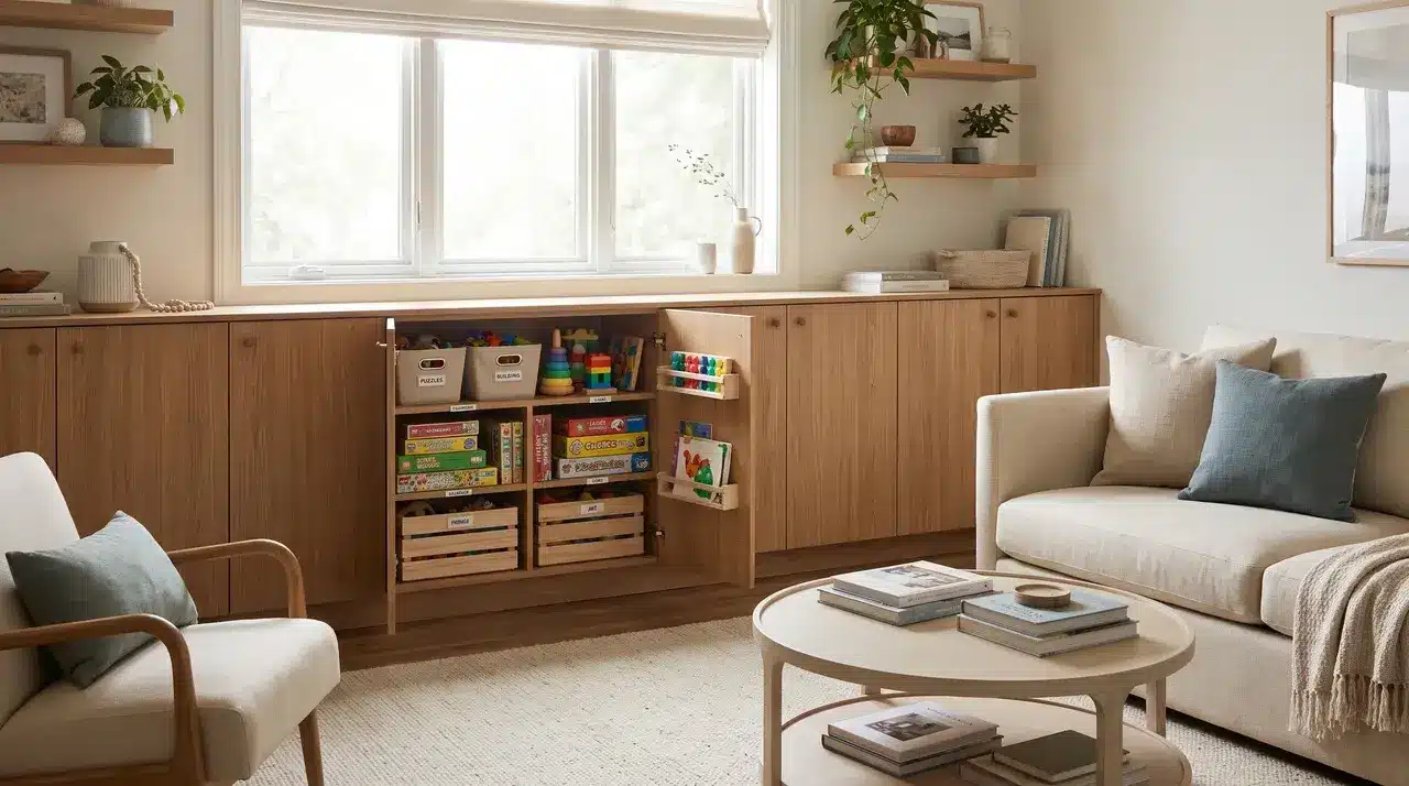 low line cabinets used for storing childrens toys and board games neatly along a living room wall