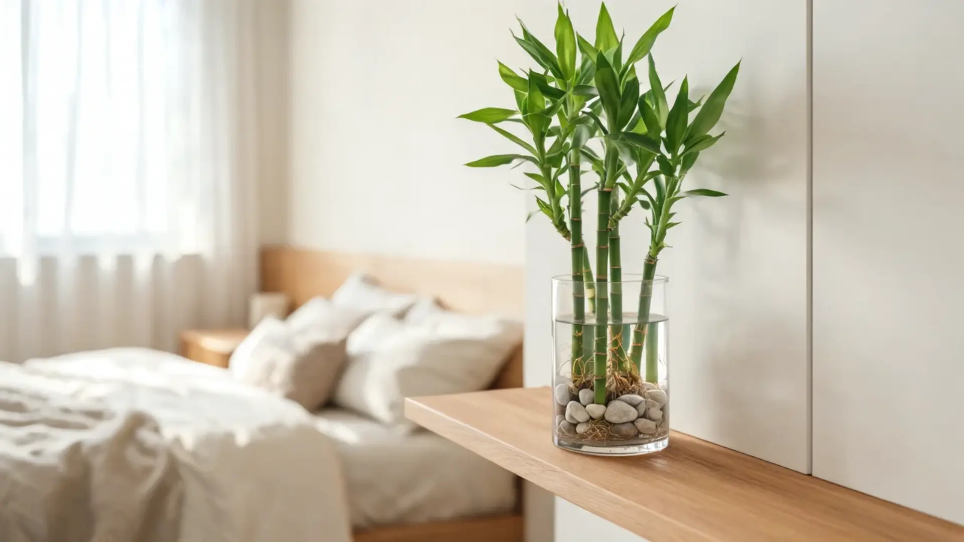 lucky bamboo growing in water with stones in a glass vase on a wooden shelf beside a bright neutral bed