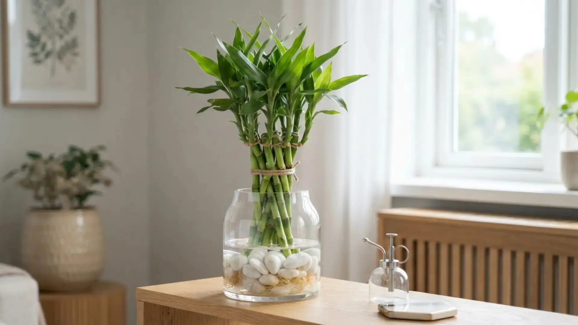 lucky bamboo stalks growing in a tall glass vase with white stones in a bright room