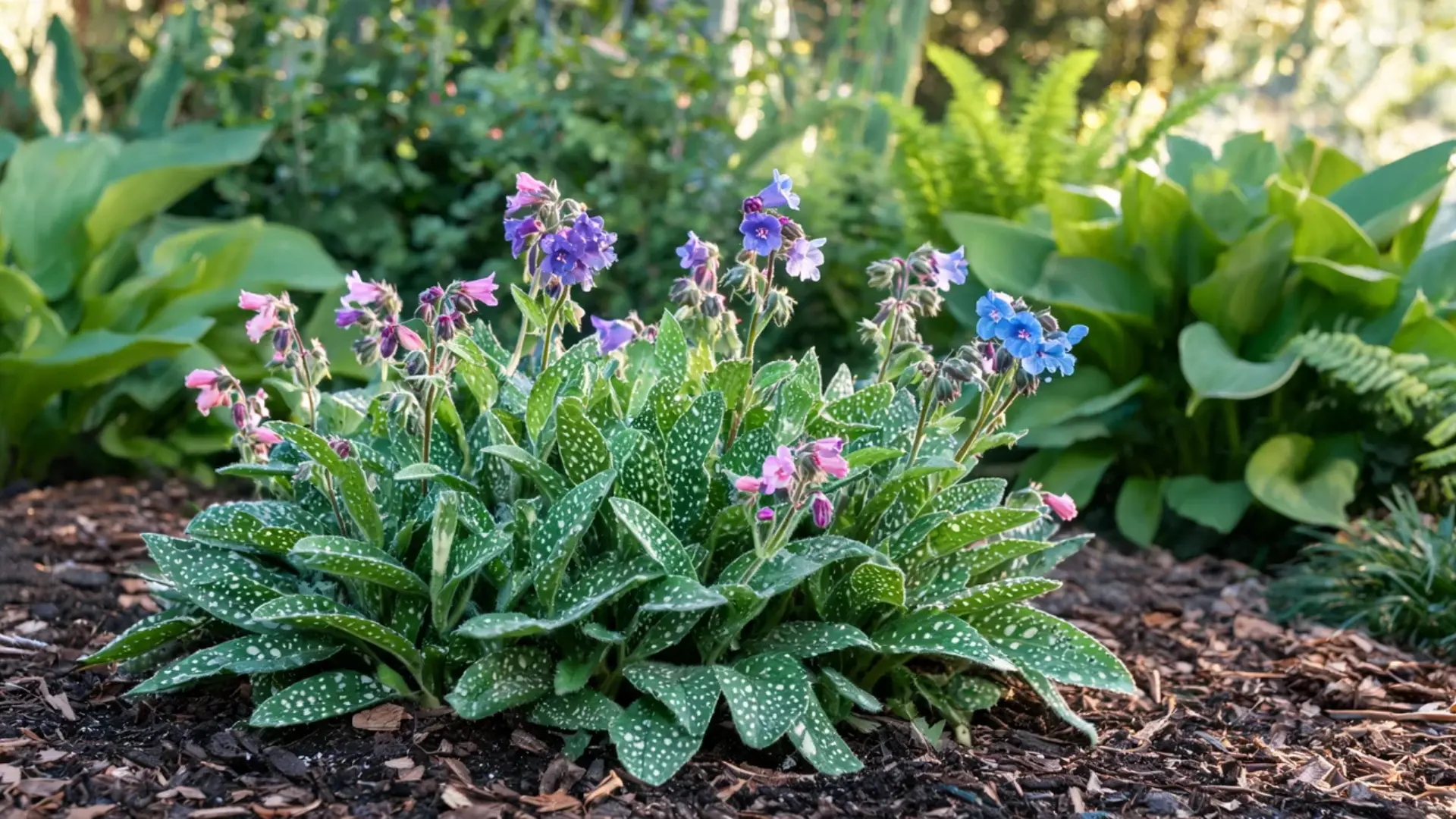 lungwort plant with silver spotted leaves and clusters of pink and blue early spring flowers