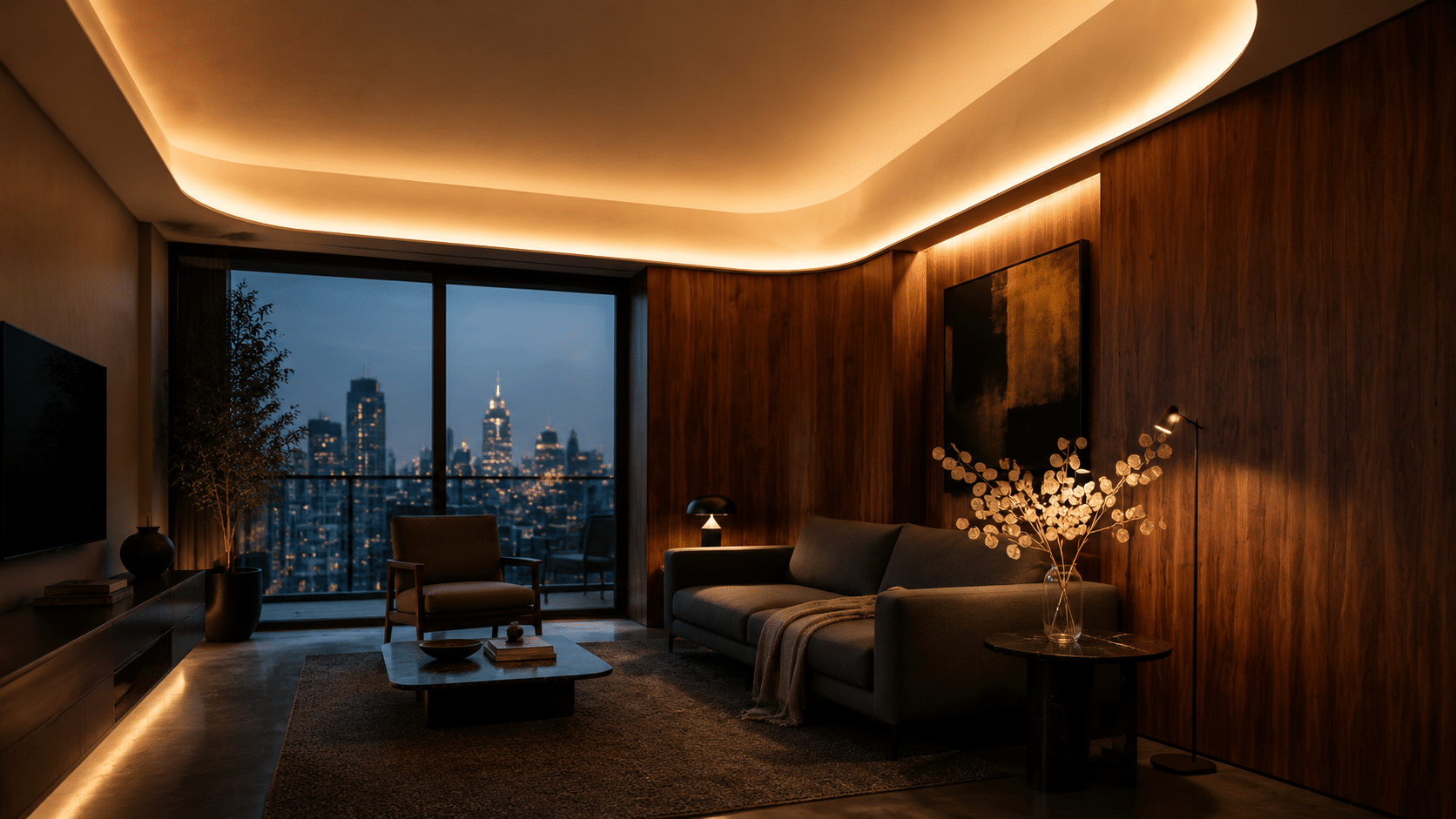 luxury living room with rounded false ceiling design warm led lighting and walnut wall panels with modern furniture