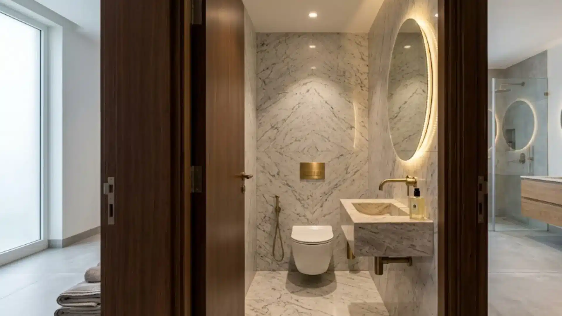 luxury marble water closet with elegant stone surfaces, modern fixtures, and refined bathroom design