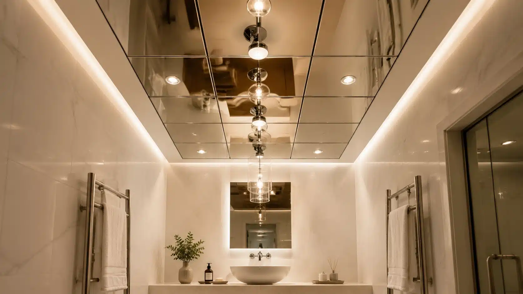 luxury modern bathroom with mirrored grid ceiling and warm ambient led illumination