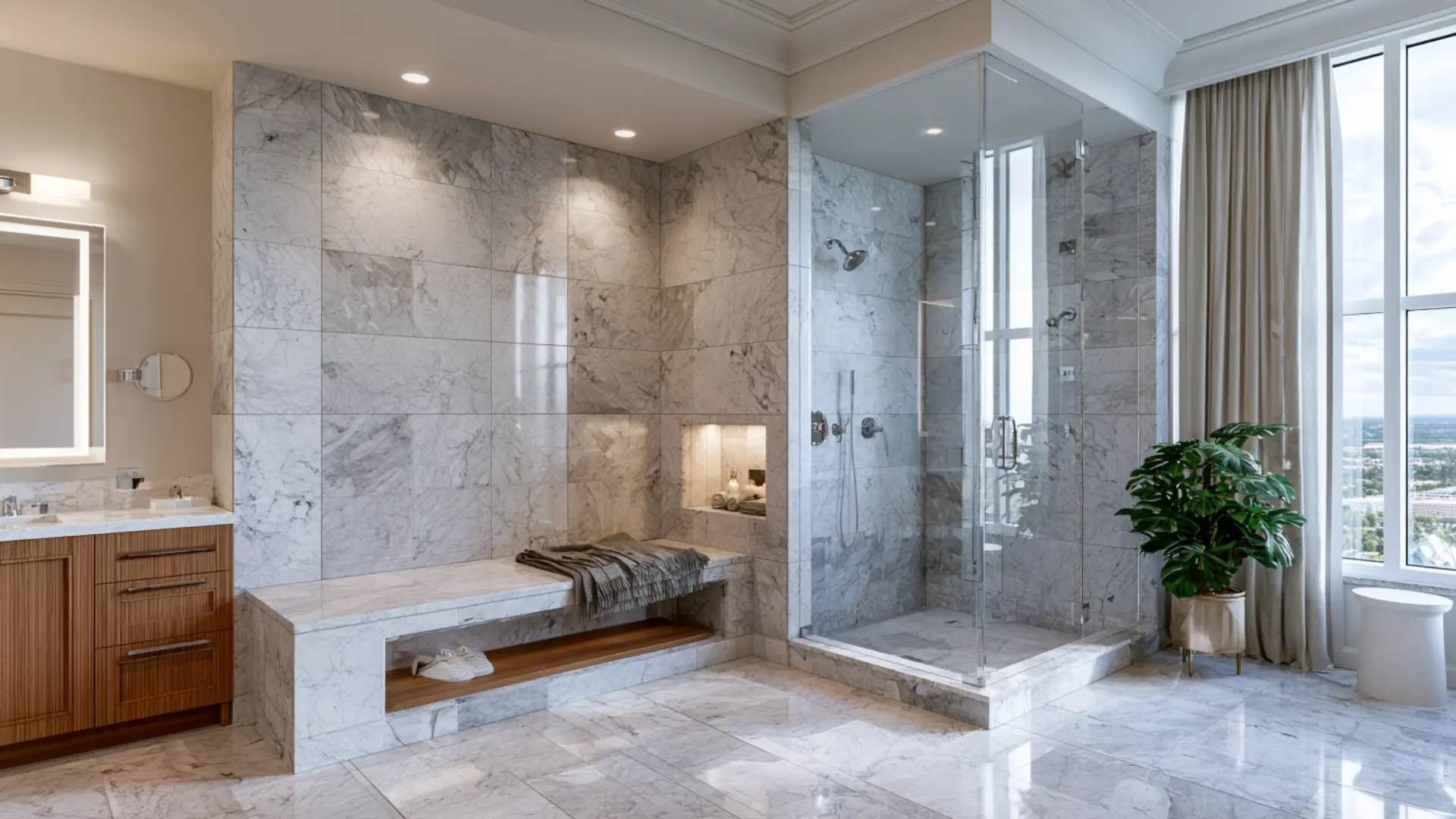 luxury spa style shower conversion with marble walls and rainfall shower fixtures